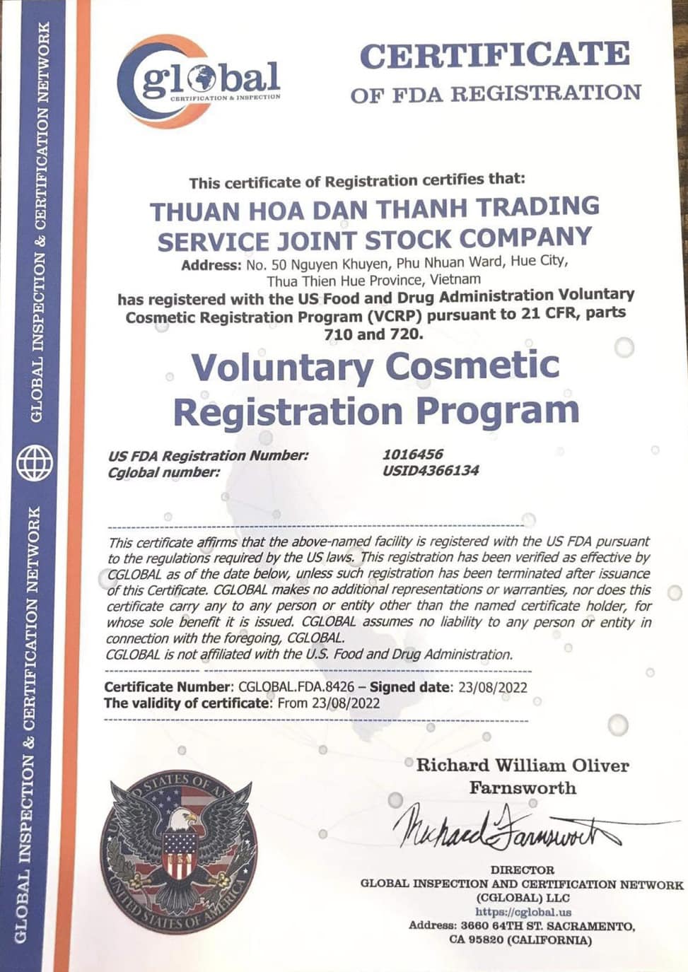 THUẬN HOÁ ĐỦ ĐIỀU KIỆN ĐĂNG KÝ FDA HOA KỲ