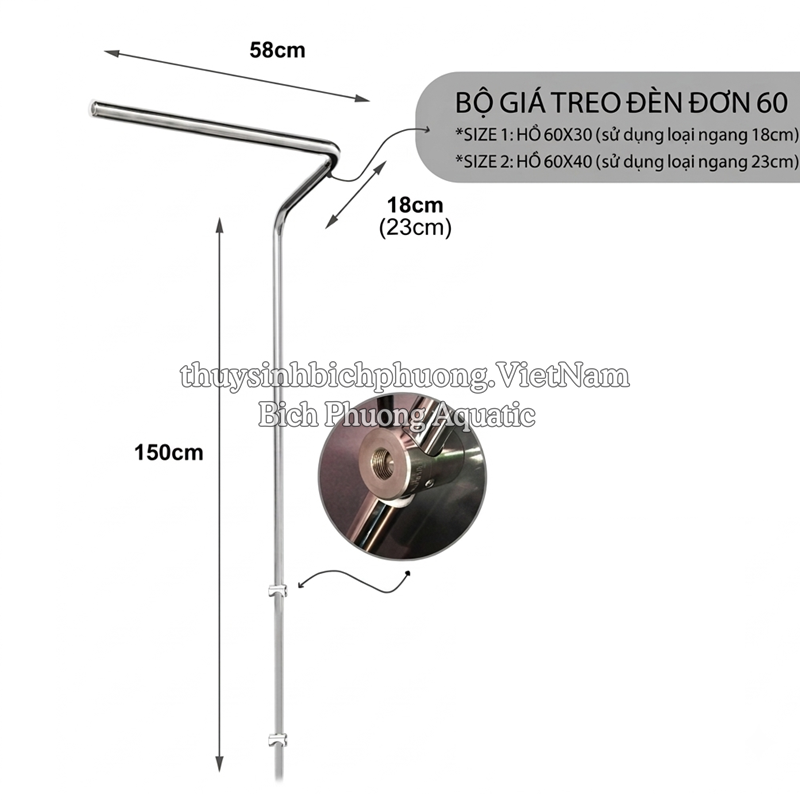 CHÂN TREO / GIÁ TREO ĐÈN ĐƠN INOX MAD CHO HỒ THỦY SINH 60 - 70CM