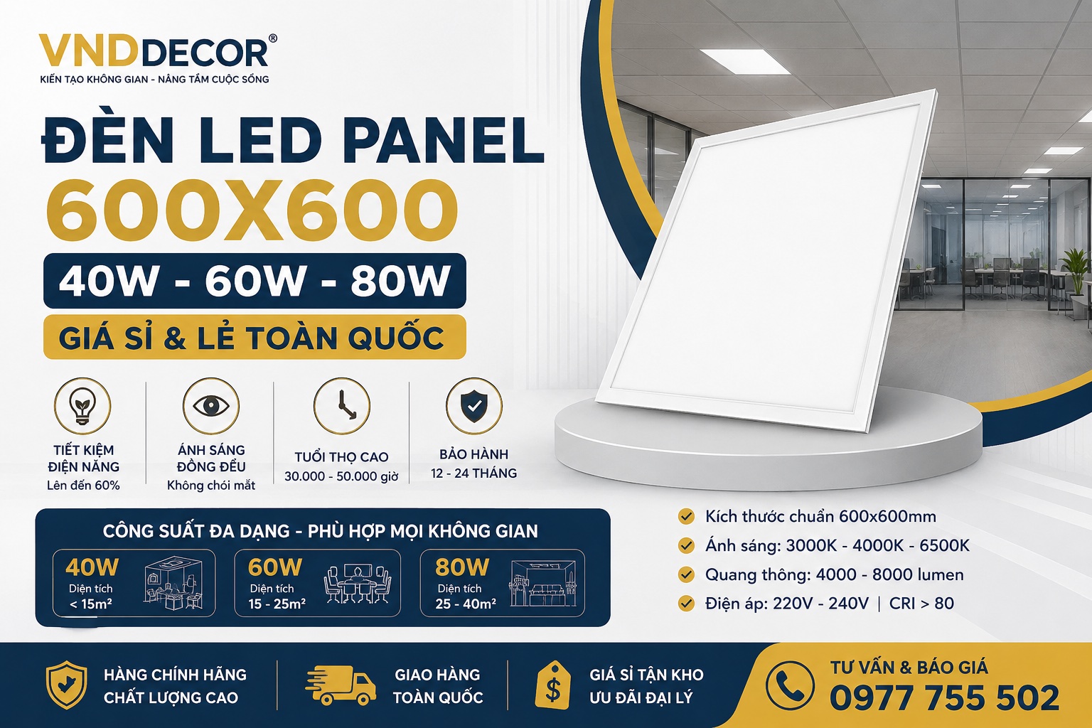 Đèn LED Panel 600x600 40W – 60W – 80W Giá Sỉ & Lẻ Toàn Quốc