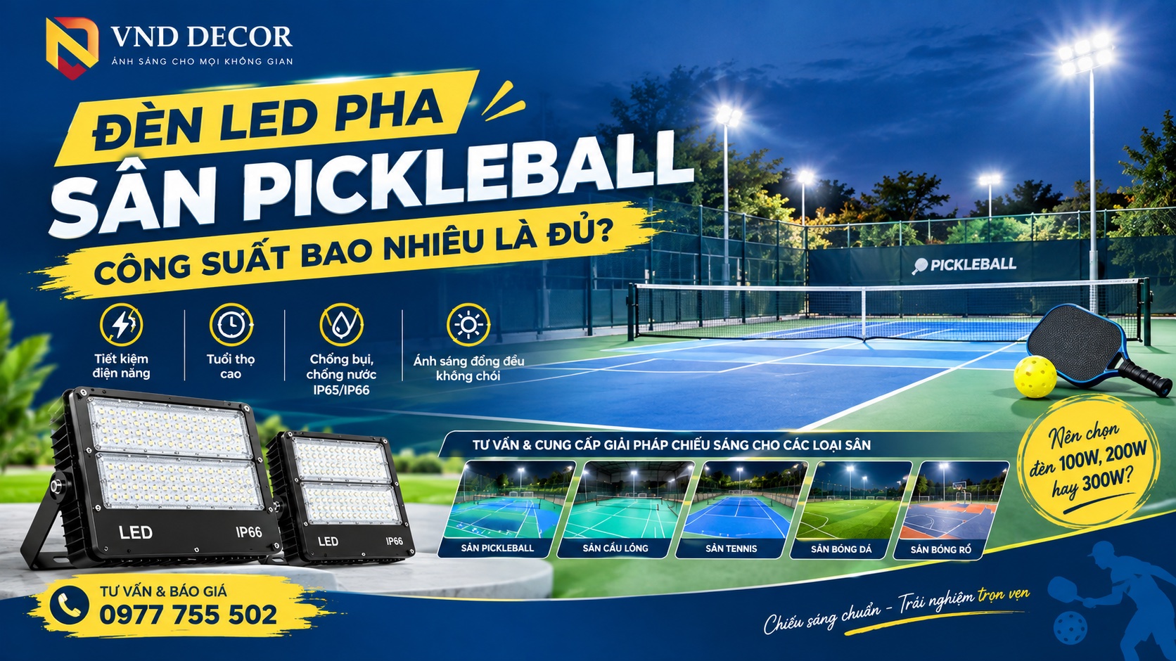 Đèn LED Pha Sân Pickleball: Công Suất Bao Nhiêu Là Đủ?