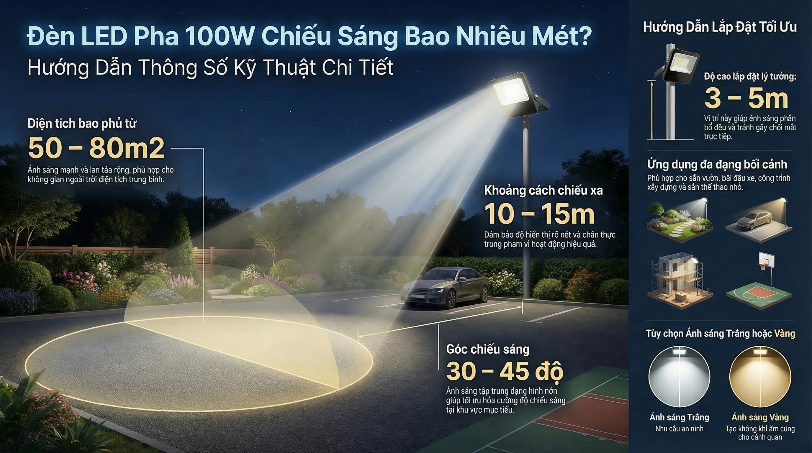 Đèn LED Pha 100W Chiếu Sáng Bao Nhiêu Mét? Cách Tính Chuẩn Nhất