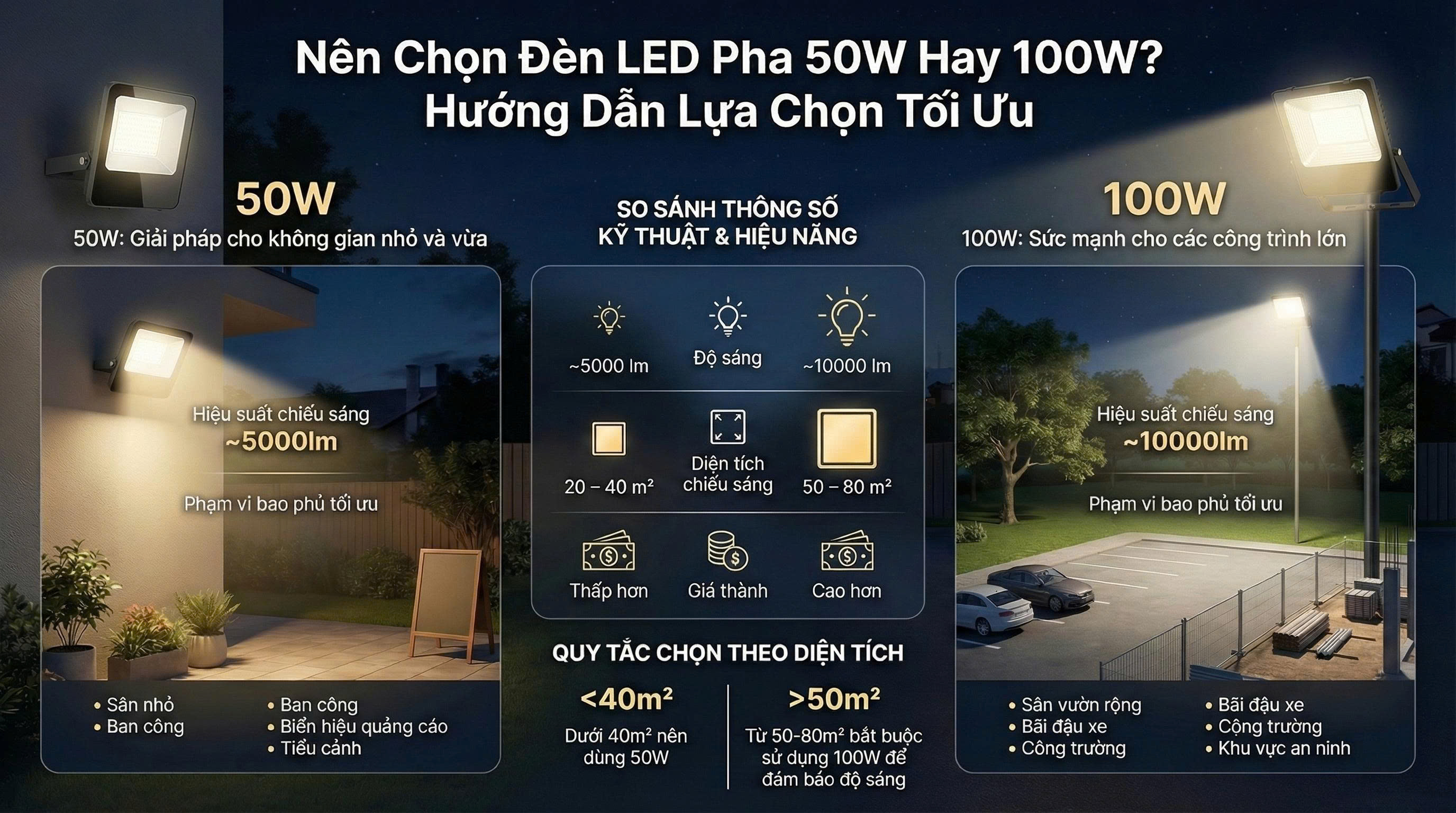 Nên Chọn Đèn LED Pha 50W Hay 100W? So Sánh Chi Tiết Từ A–Z