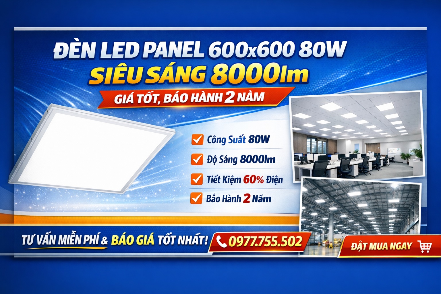 Đèn LED Panel 600x600 80W Siêu Sáng 8000lm – Giá Tốt, Bảo Hành 2 Năm