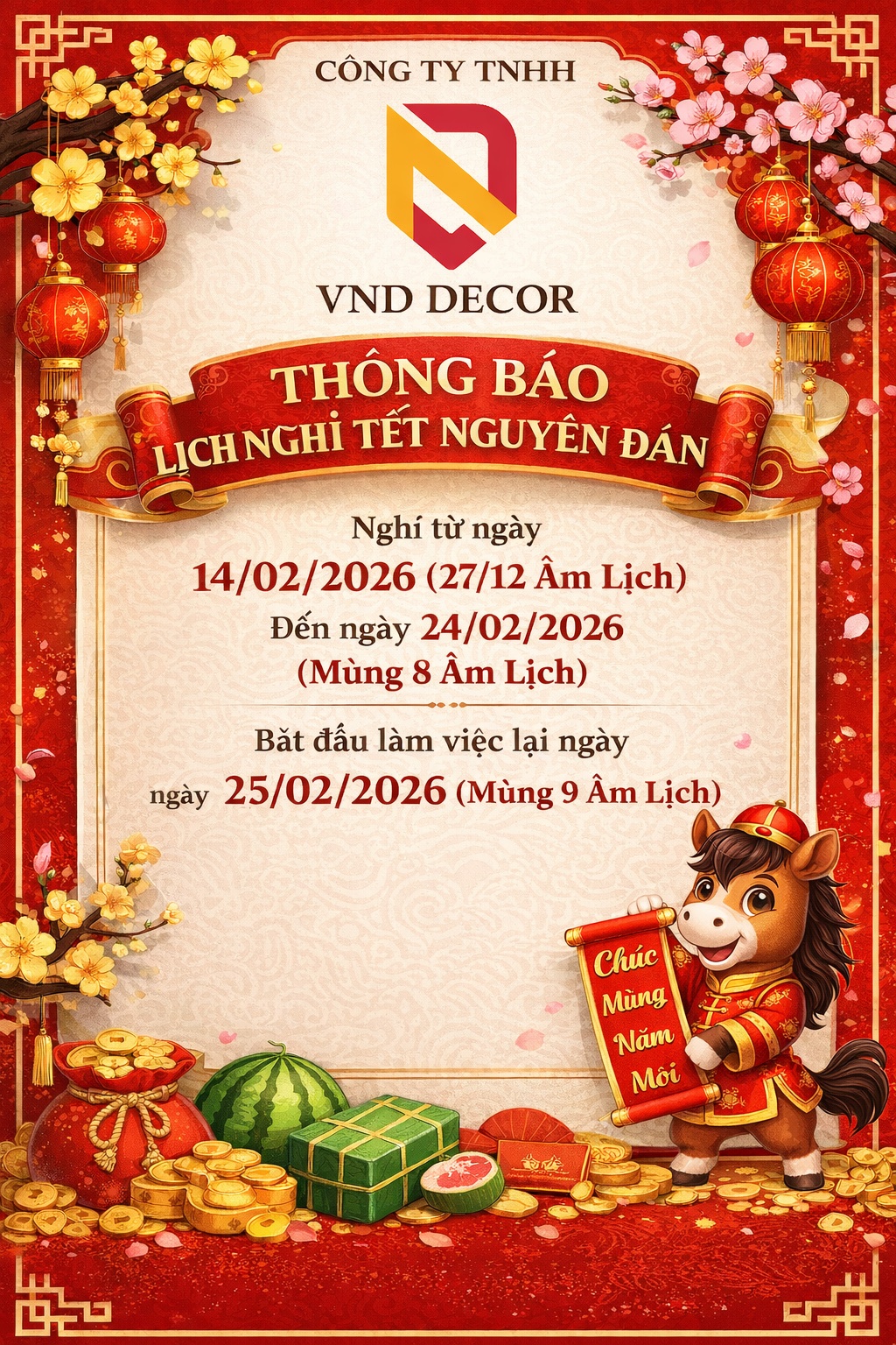 Thông Báo Lịch Nghỉ Tết Nguyên Đán 2026 – Công Ty TNHH VND DECOR