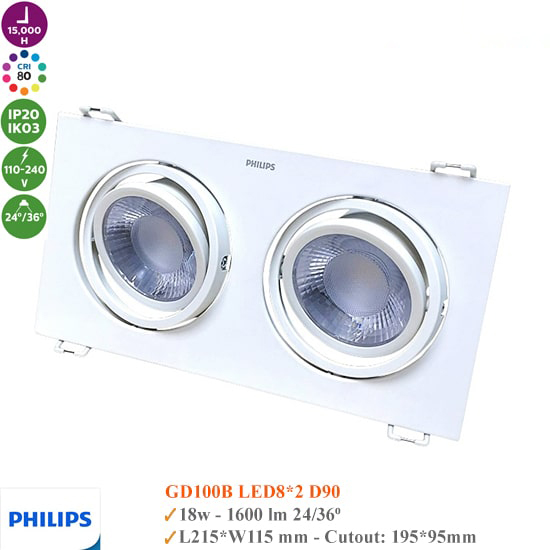 Đèn Spotlight Âm Trần Đôi Vuông Philips GD100B LED8x2 D90 WH
