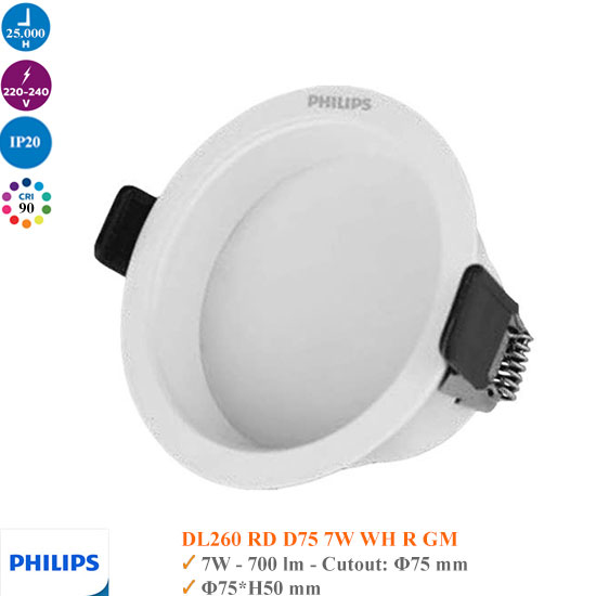 Đèn Led Âm Trần Philips 7W Mã DL260 RD D75 7w WH R GM