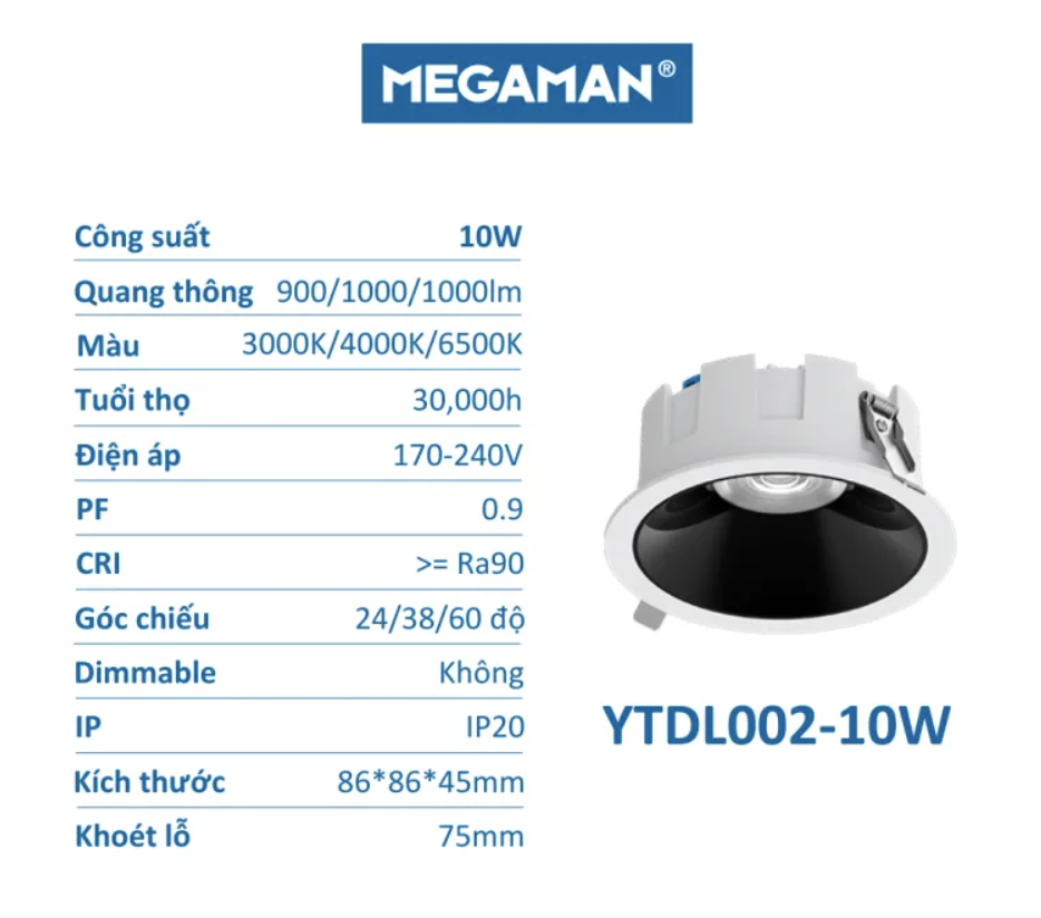 Đèn LED Âm Trần Spotlight Chống Chói 10W MEGAMAN YTDL002-10W