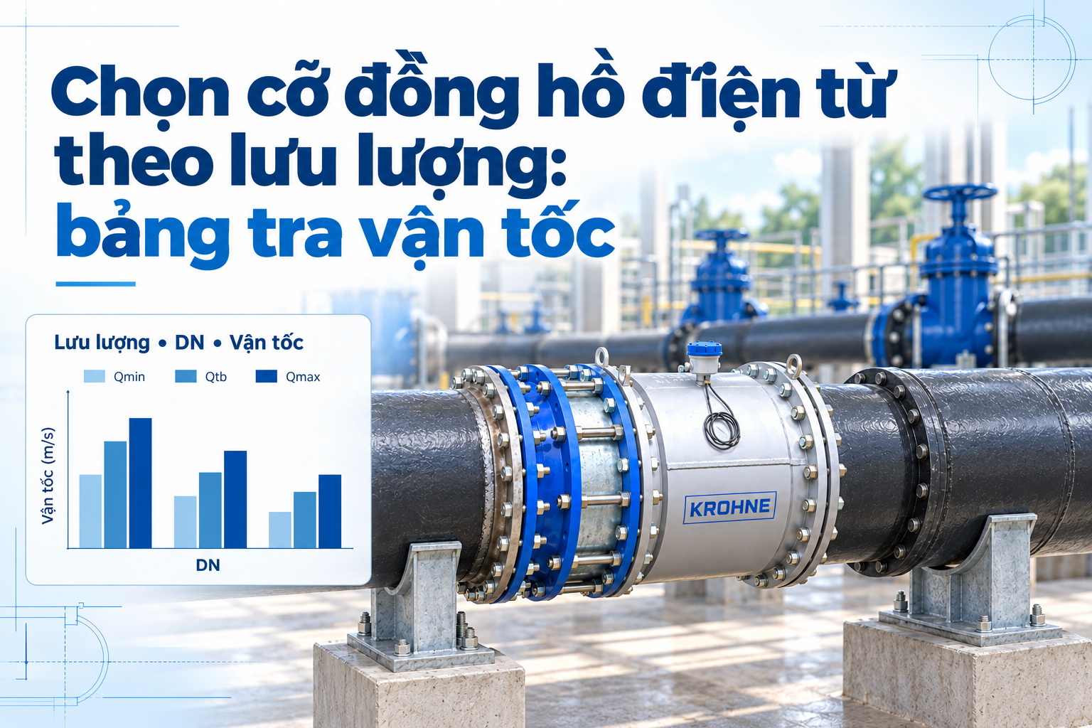 Chọn cỡ đồng hồ điện từ theo lưu lượng: bảng tra vận tốc