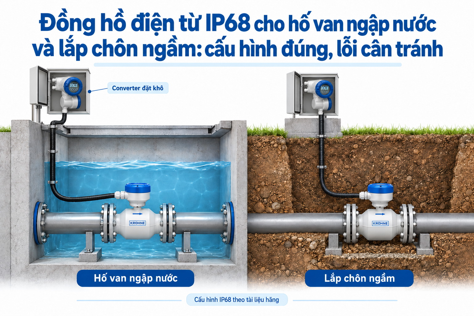 Đồng hồ điện từ IP68 cho hố van ngập nước và chôn ngầm