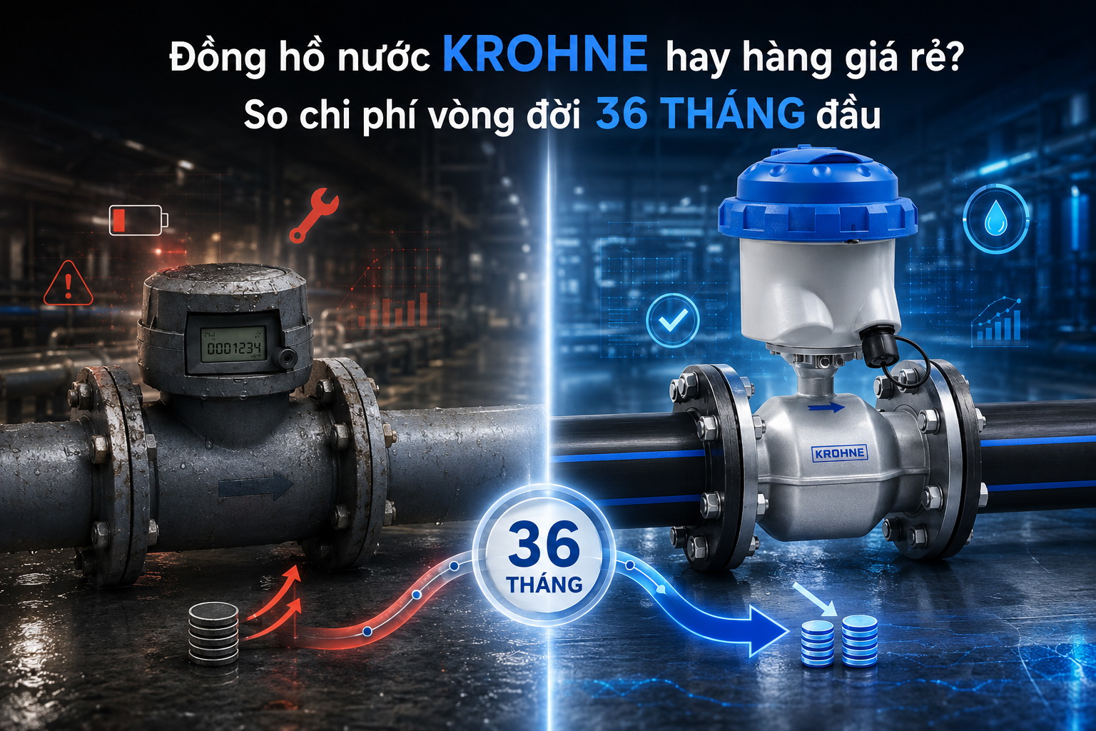 Đồng hồ nước KROHNE hay hàng giá rẻ? So chi phí vòng đời 36 tháng đầu