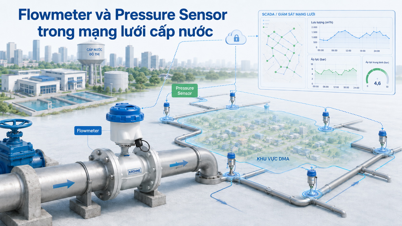 Flowmeter và Pressure Sensor trong mạng lưới cấp nước