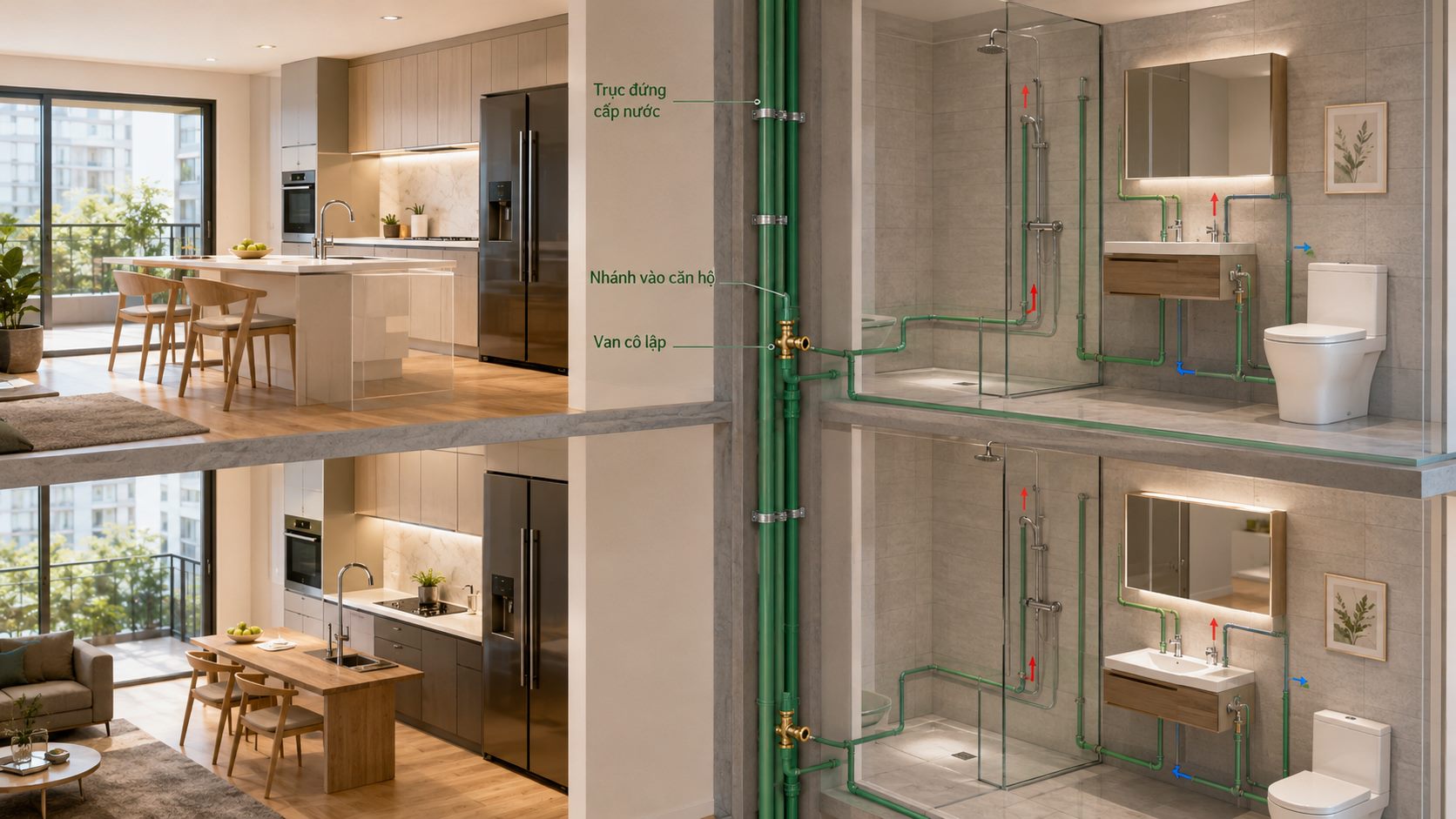 Sơ đồ cutaway hệ cấp nước PP-R GS trong chung cư với trục đứng và nhánh vào căn hộ