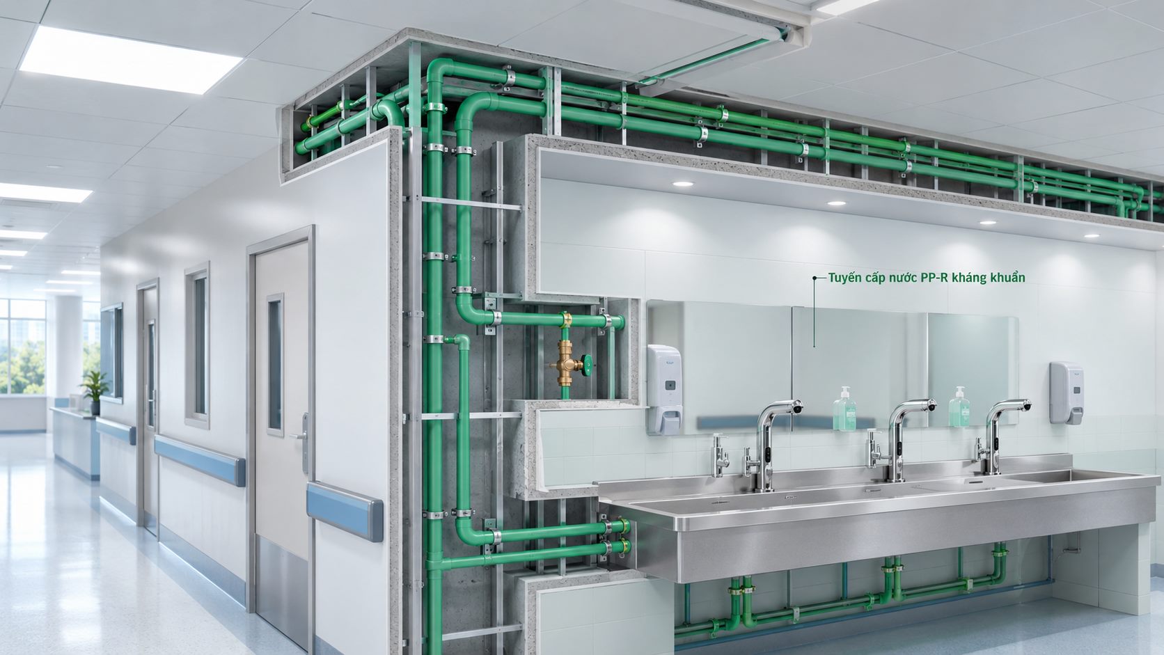 Tuyến cấp nước PP-R kháng khuẩn GS trong khu rửa tay bệnh viện