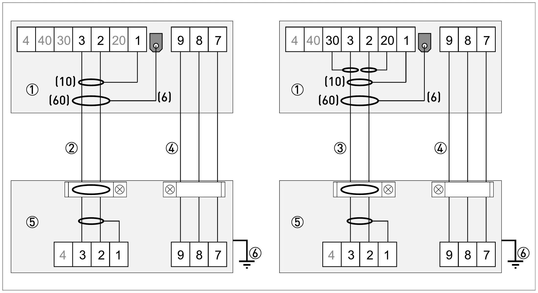 Connection diagram – wall-mounted housing (W): outer shield via drain wire (6) with push-on connector