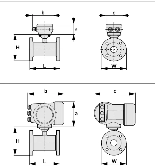 Dimension drawing: top – remote version (a = 88 mm, b = 139 mm, c = 106 mm); bottom – compact with IFC 300 (a = 155 mm, b = 230 mm, c = 260 mm). Total height = H + a