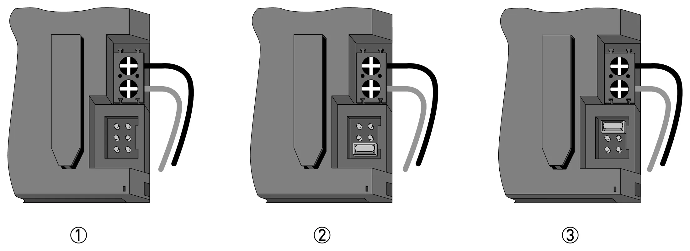 Hình: ① Không có jumper — khóa menu ② Cắm jumper — vào được menu service ③ Vị trí cất jumper — khóa menu – KROHNE WATERFLUX 3070