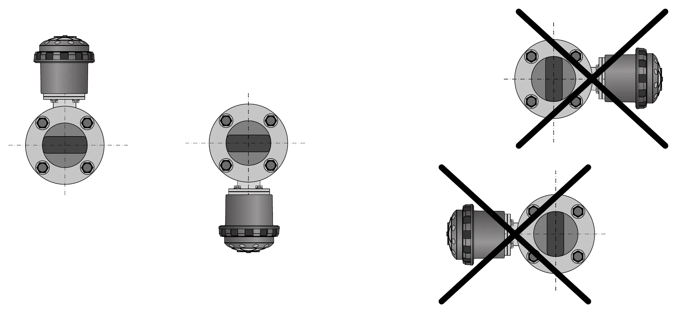 Hình 3-14: Vị trí lắp — converter hướng lên hoặc xuống; không lắp nghiêng ngang – KROHNE WATERFLUX 3070