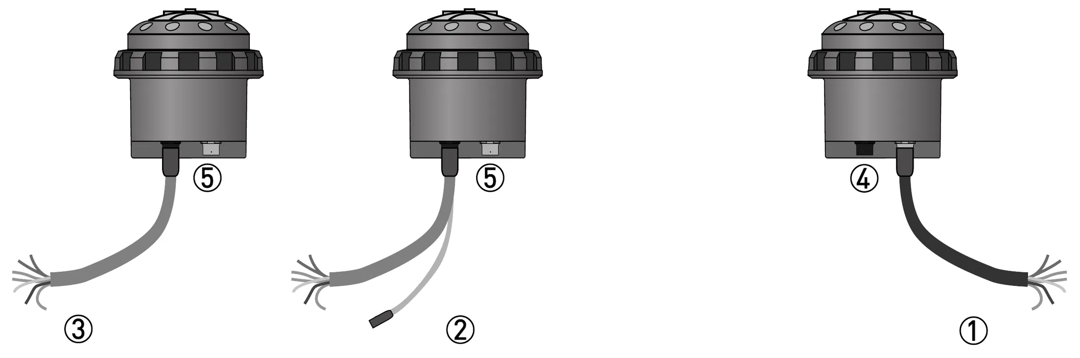 Hình 4-3: Bản rời IP68 — ① dây cáp cảm biến ② cáp chữ Y có nhánh nguồn ③ cáp I/O (xung, Modbus) ④ đầu nối I/O ⑤ đầu nối cáp cảm biến inox – KROHNE WATERFLUX 3070