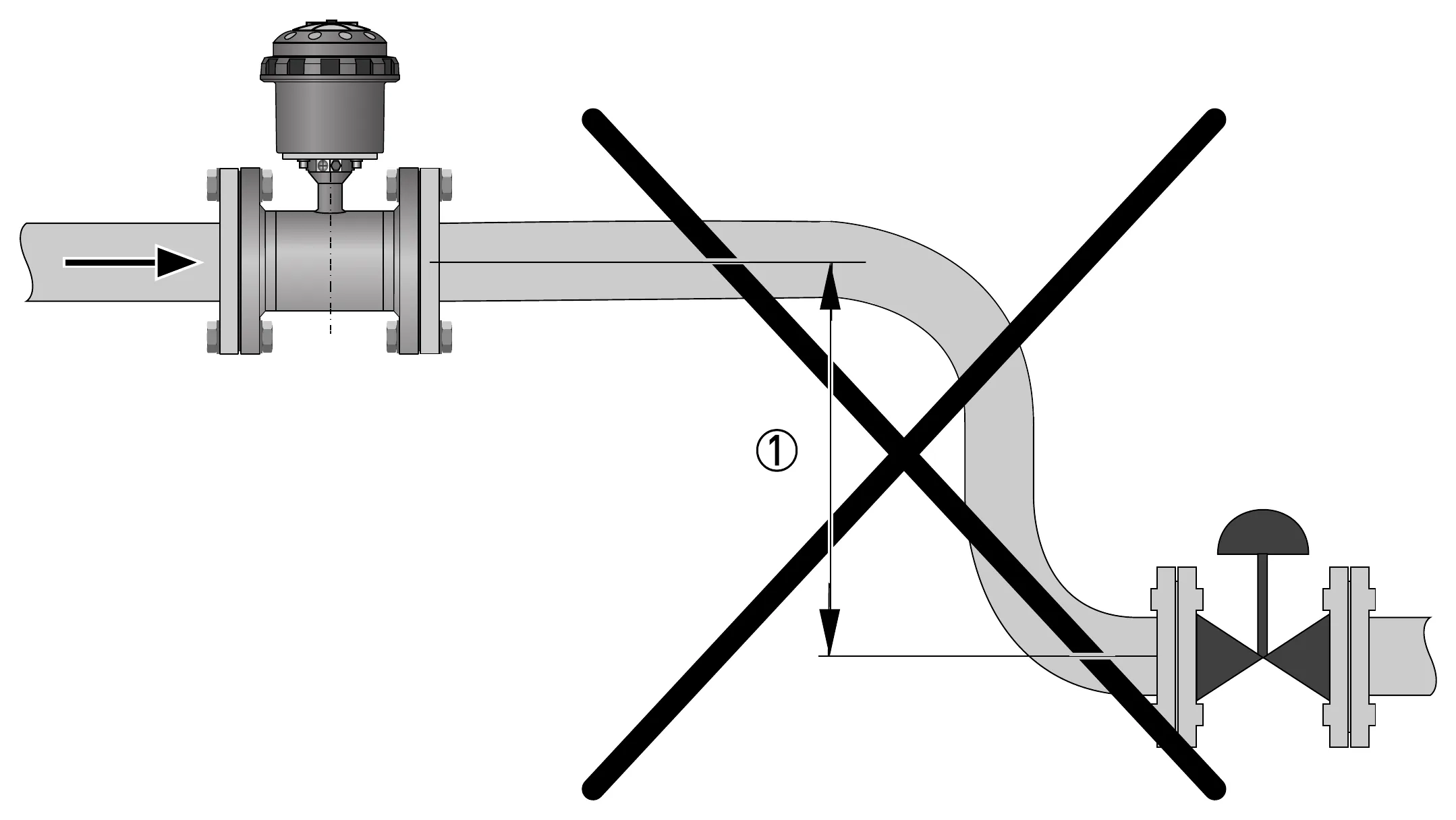 Hình 3-12: Chân không — bố trí cần tránh (① ≥ 5 m) – KROHNE WATERFLUX 3070