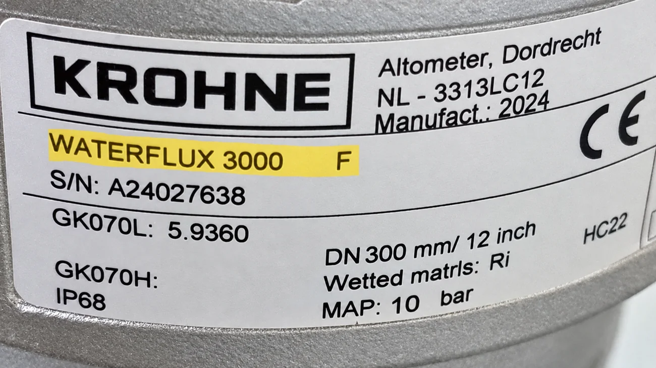 Nameplate cảm biến WATERFLUX 3000 F DN300 – DN300 · MAP 10 bar · IP68 · GK070L/GK070H · sản xuất 2024