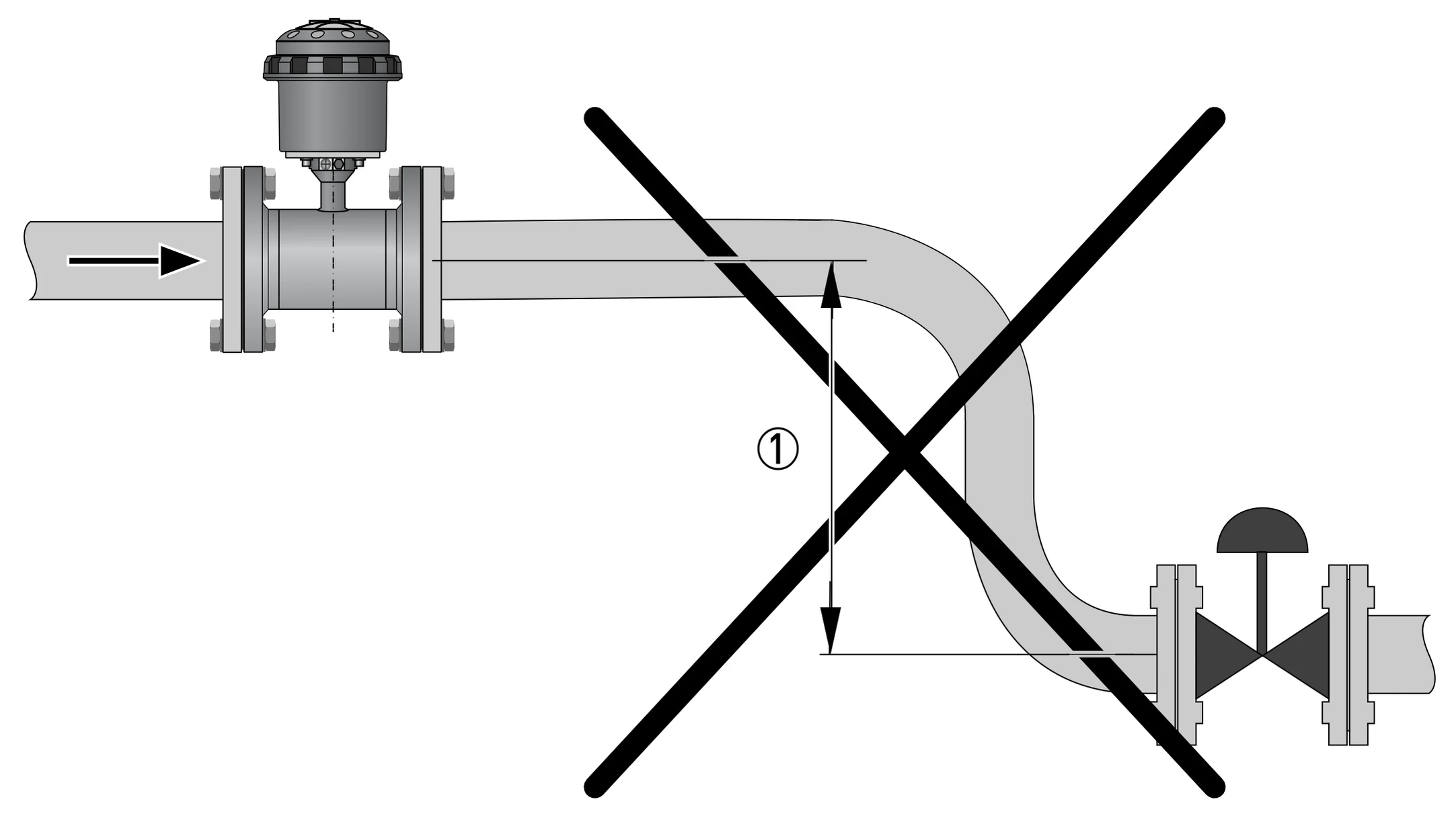 Hình 3-11: Chân không — tránh bố trí này (① ≥ 5 m) – KROHNE WATERFLUX 3070