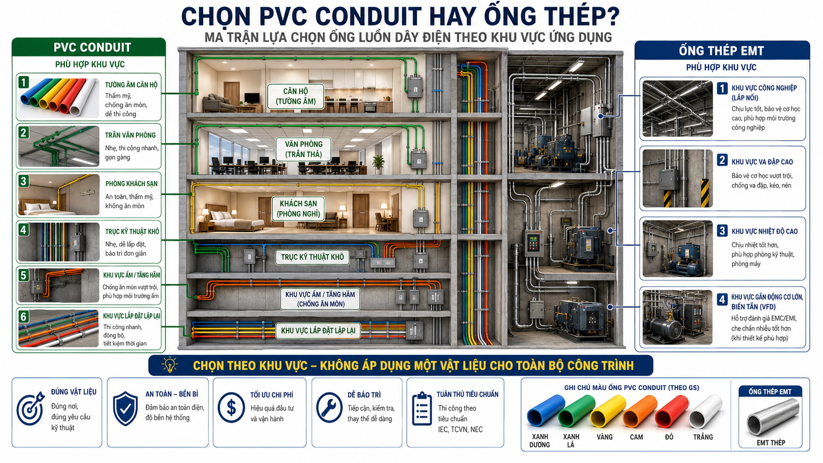 Ma trận lựa chọn giữa ống luồn dây điện PVC Conduit và ống thép luồn dây điện theo điều kiện công trình