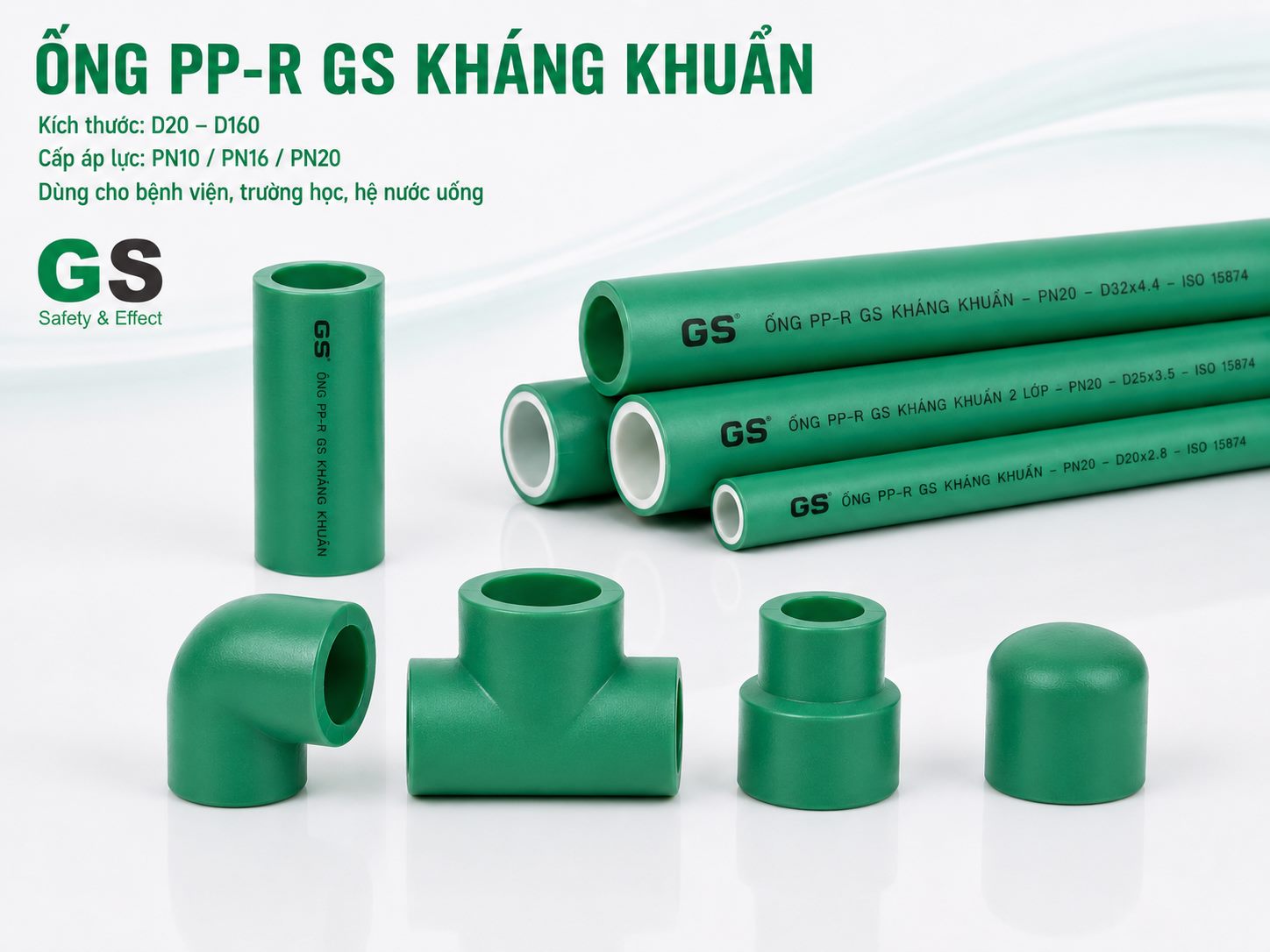 Ống và phụ kiện PP-R GS kháng khuẩn cho hệ cấp nước sạch bệnh viện và trường học