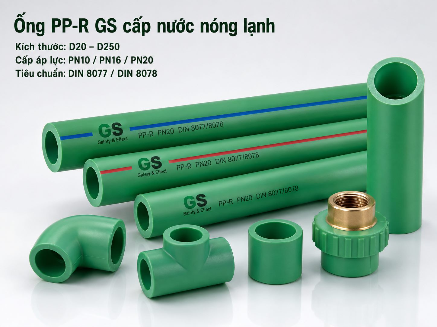 Ống PP-R GS tiêu chuẩn cấp nước nóng lạnh, sọc xanh cho nước lạnh và sọc đỏ cho nước nóng