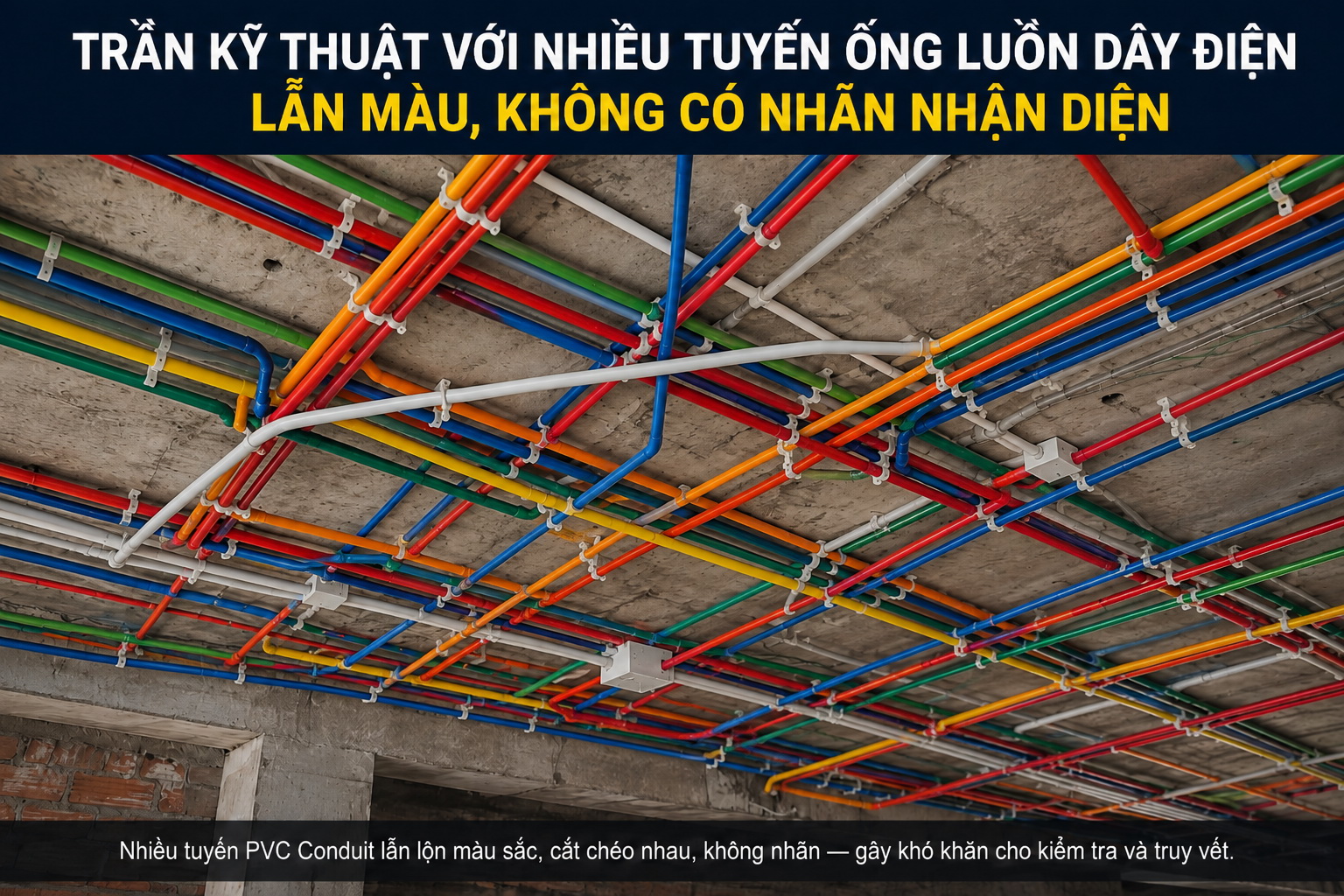 Trần kỹ thuật với nhiều tuyến ống luồn dây điện lẫn màu không có nhãn nhận diện