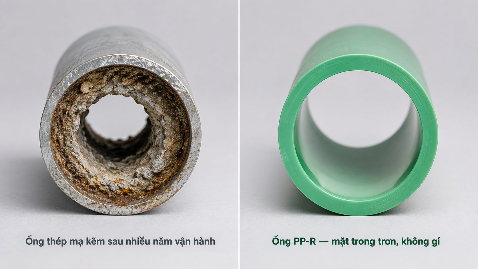 So sánh mặt cắt ống thép mạ kẽm bám cặn và ống PP-R mặt trong trơn
