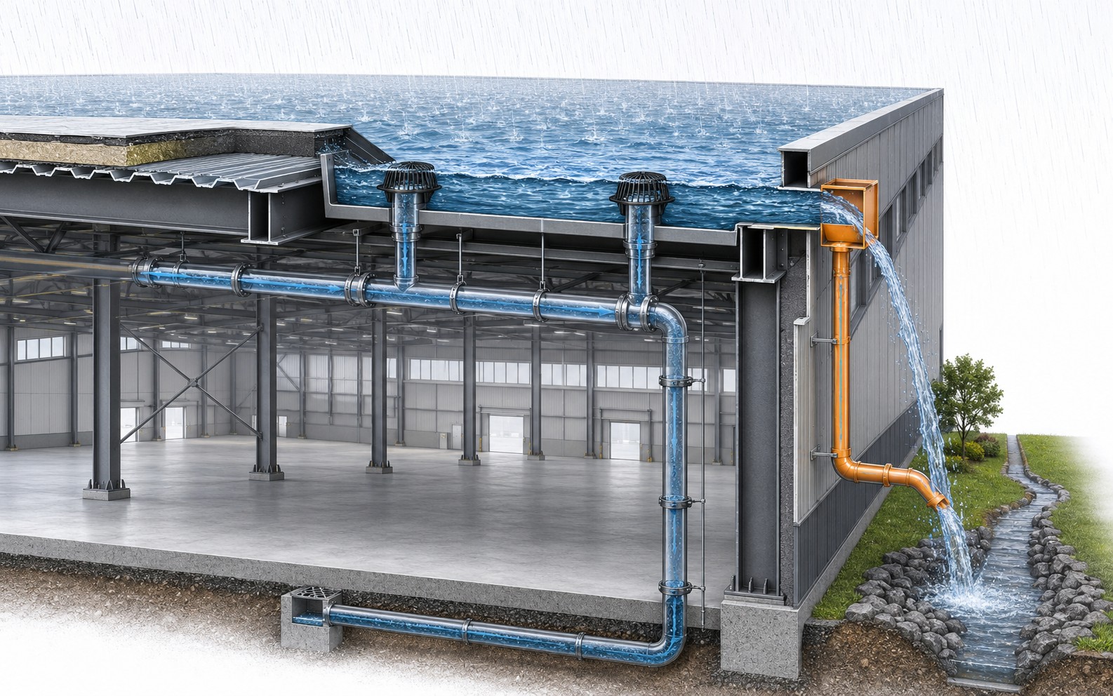 Thoát nước khẩn cấp overflow cho mái nhà xưởng