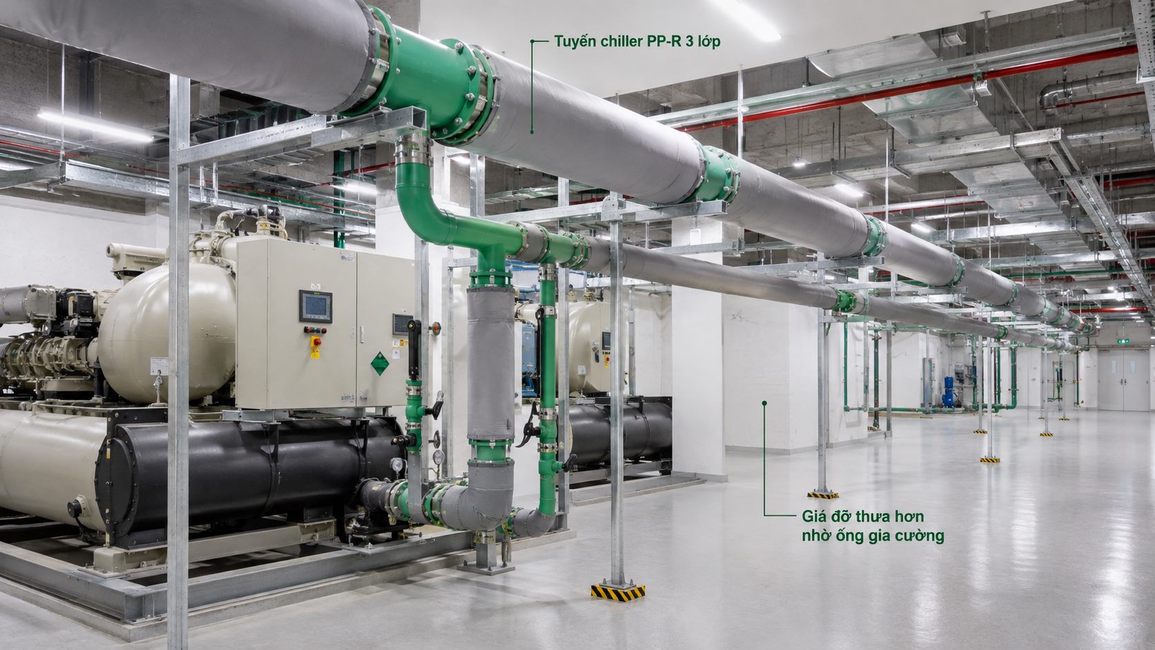Tuyến chiller dùng ống PP-R 3 lớp GS trong khu kỹ thuật HVAC nhà máy
