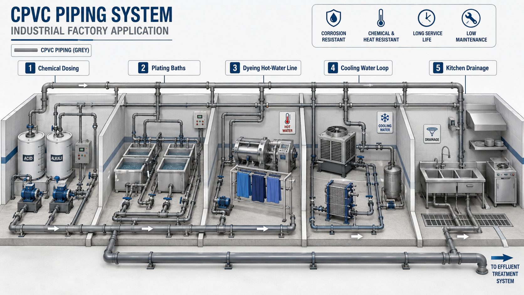 Ứng dụng ống CPVC công nghiệp theo ngành: hóa chất, xi mạ, dệt nhuộm, cooling water
