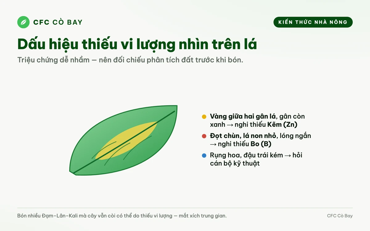 Sơ đồ triệu chứng thiếu kẽm và bo trên lá cây ăn trái