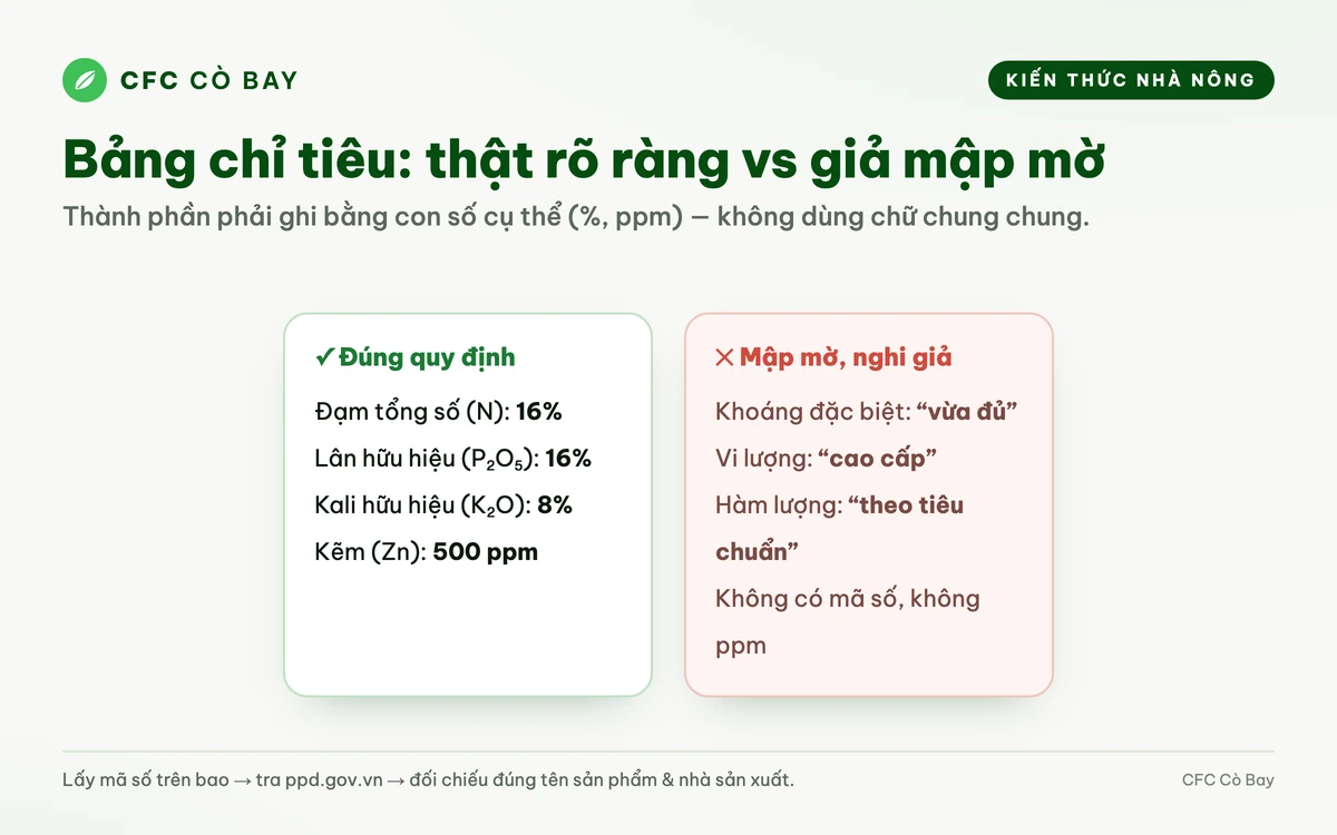 Mẫu bảng chỉ tiêu chất lượng ghi đầy đủ hàm lượng dinh dưỡng theo quy định
