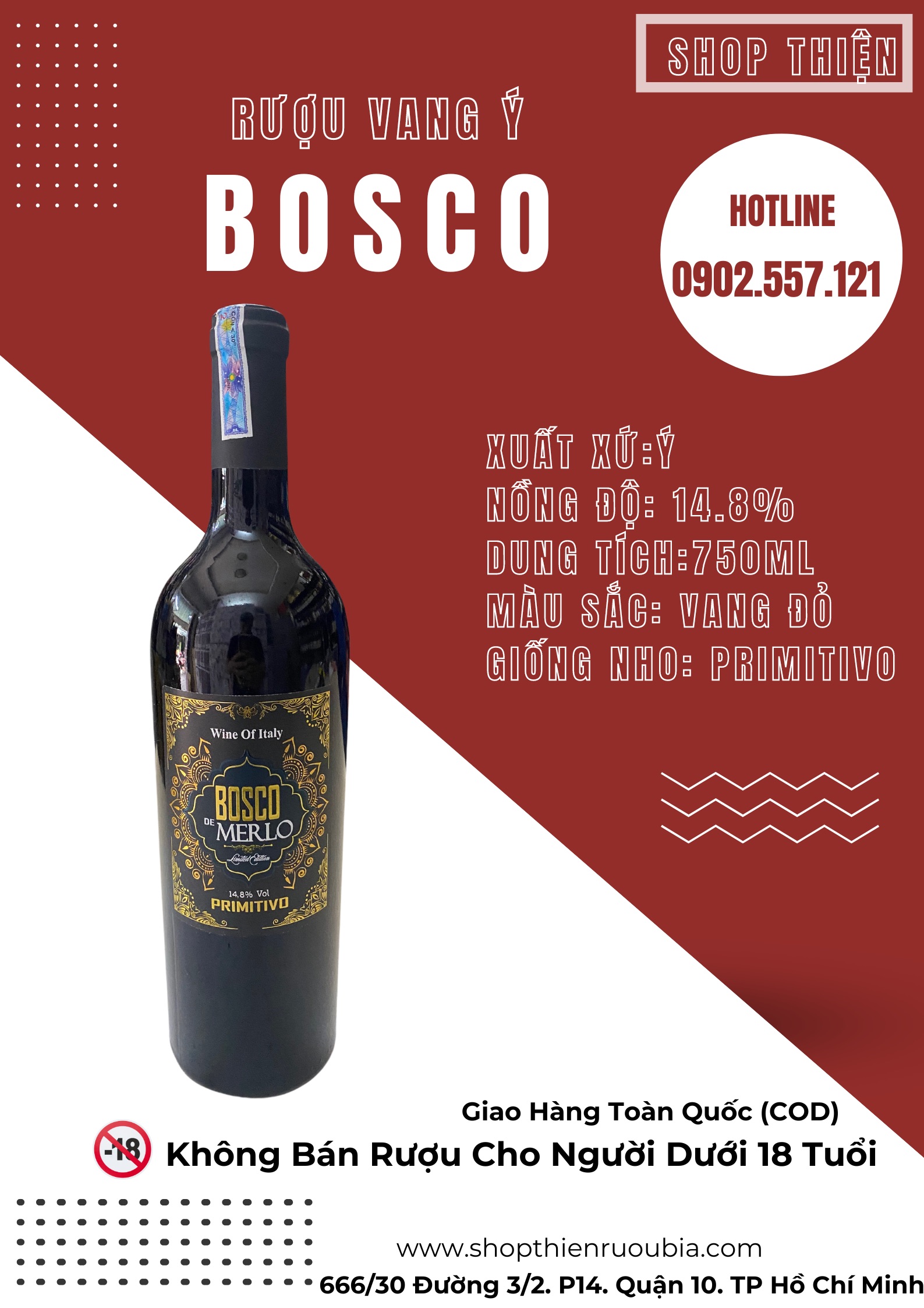 Vang Đỏ Ý BOSCO De MERLO Limitid Edition 14.8% 750ml-Primitivo