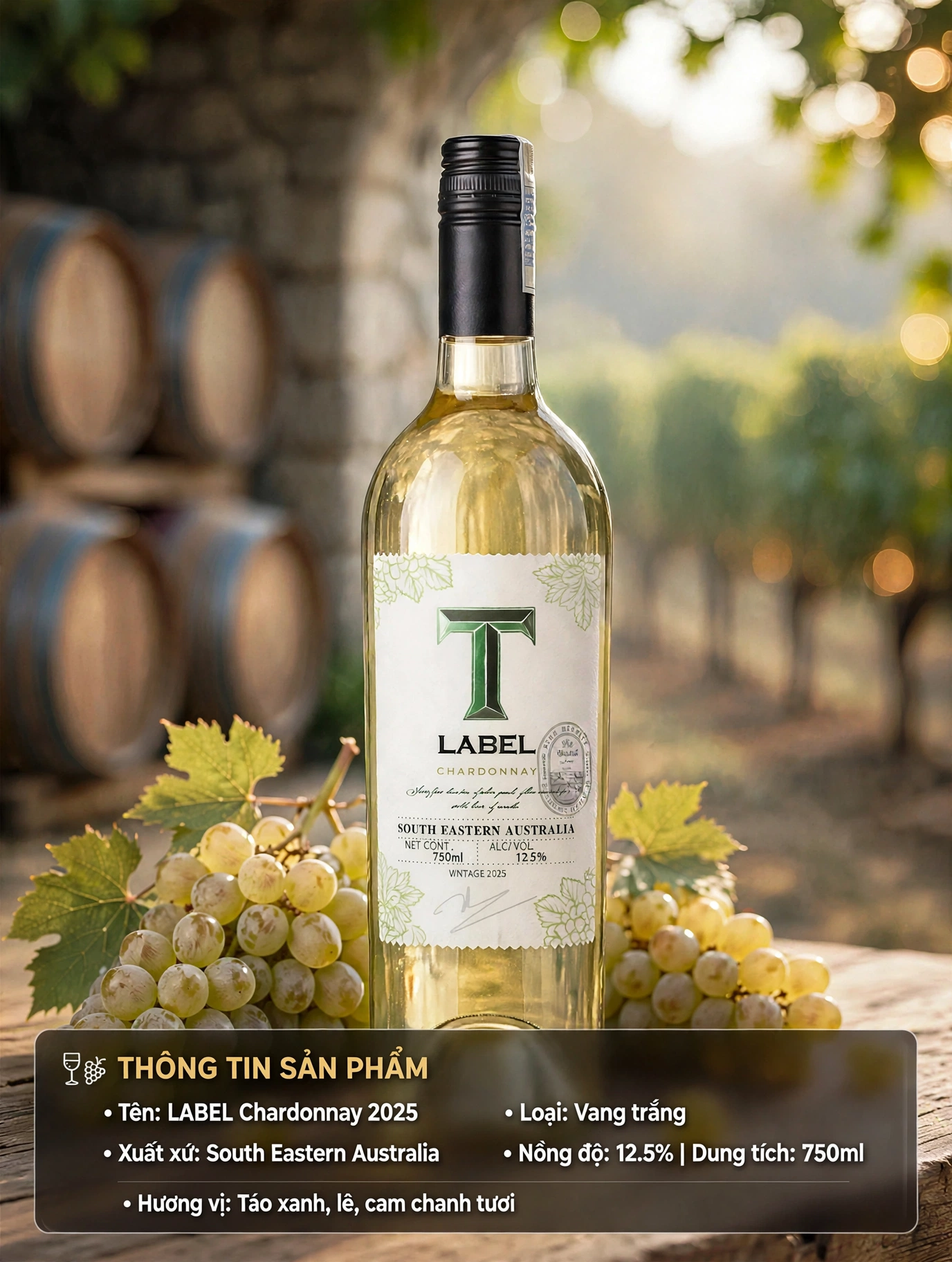 Rượu Vang Trắng Úc T Label Chardonnay 2025 - 750ml 12.5%