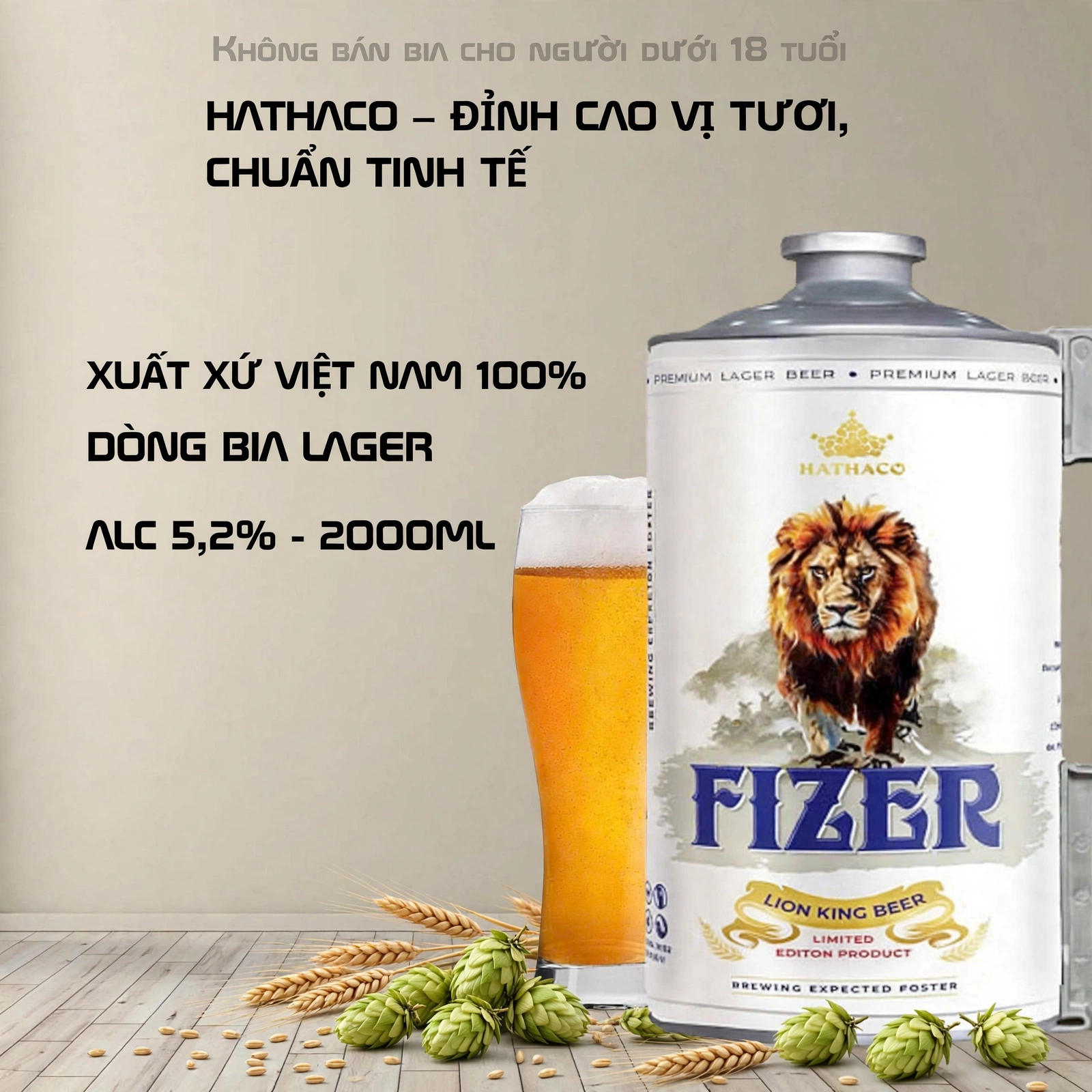 Bom Bia Tươi HATHACO FIZER Lion King Beer 2000ml - Dòng Bia Lager 5,2% - Xuất Xứ Việt Nam