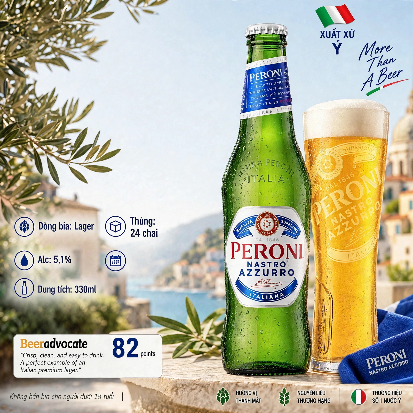 Bia Peroni Nastro Azzurro 330ml - Thùng 24 Chai Nhập Khẩu Ý - Premium Lager 5.1%