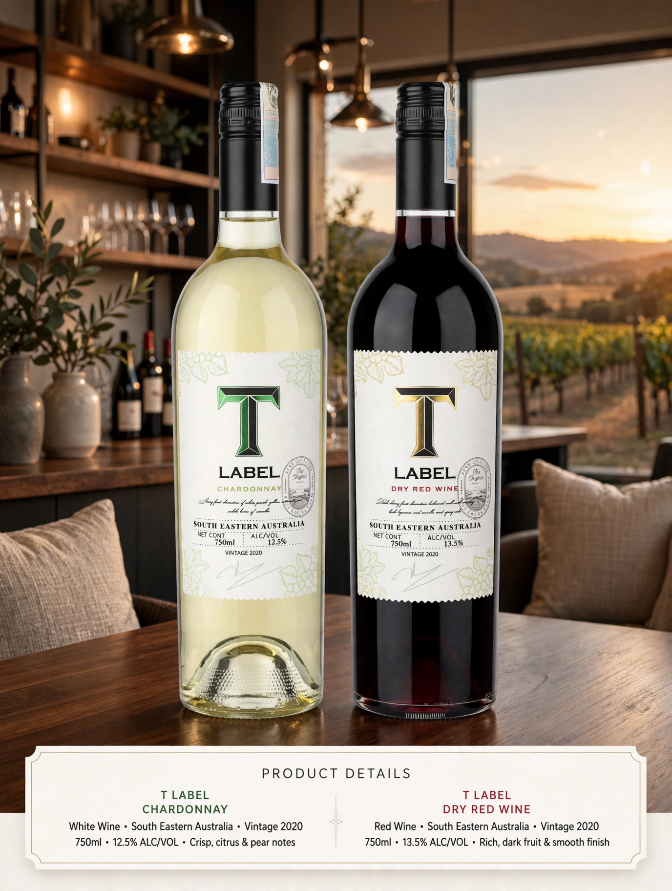 Rượu Vang Úc T Label 12.5% 2025 - Chardonnay (Vang Trắng) & Dry Red Wine (Vang Đỏ) - South Eastern Australia - 750ml