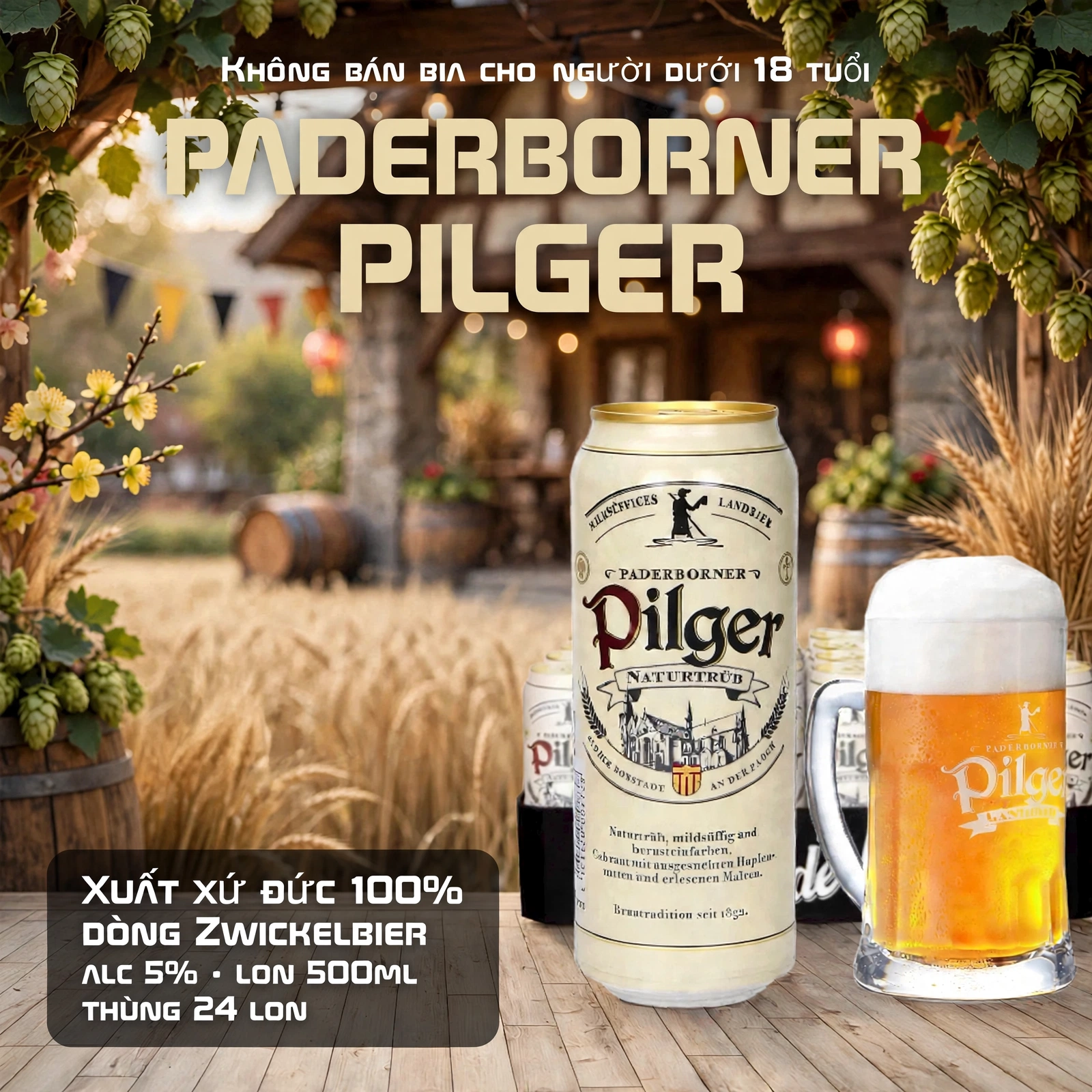 Bia Đức Paderborner Pilger 5% - Thùng 24 Lon 500ml | Zwickelbier Chuẩn Đức
