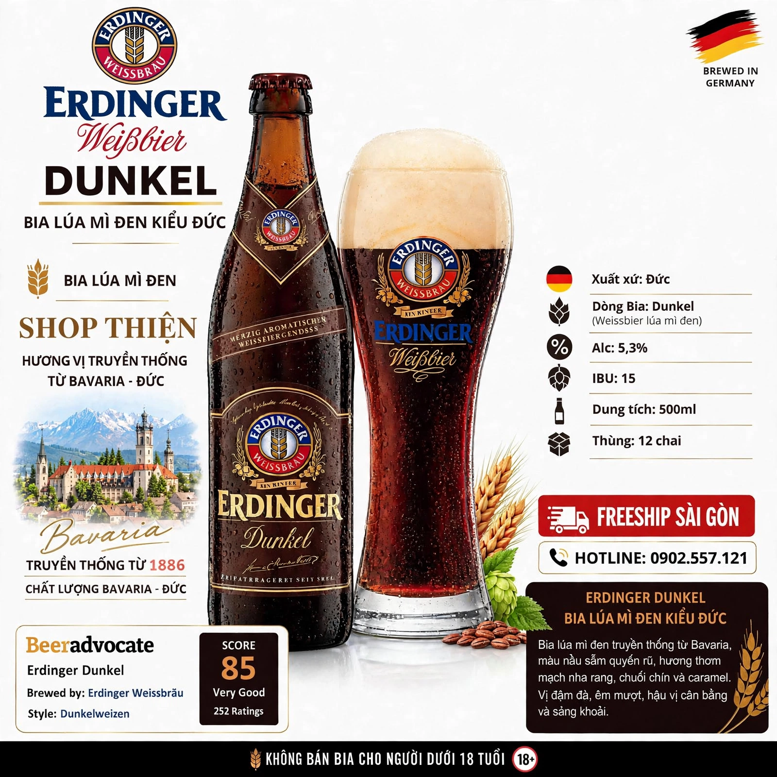 Bia Lúa Mì Đen Đức Erdinger Weissbier Dunkel 500ml - 5.3% - Thùng 12 Chai