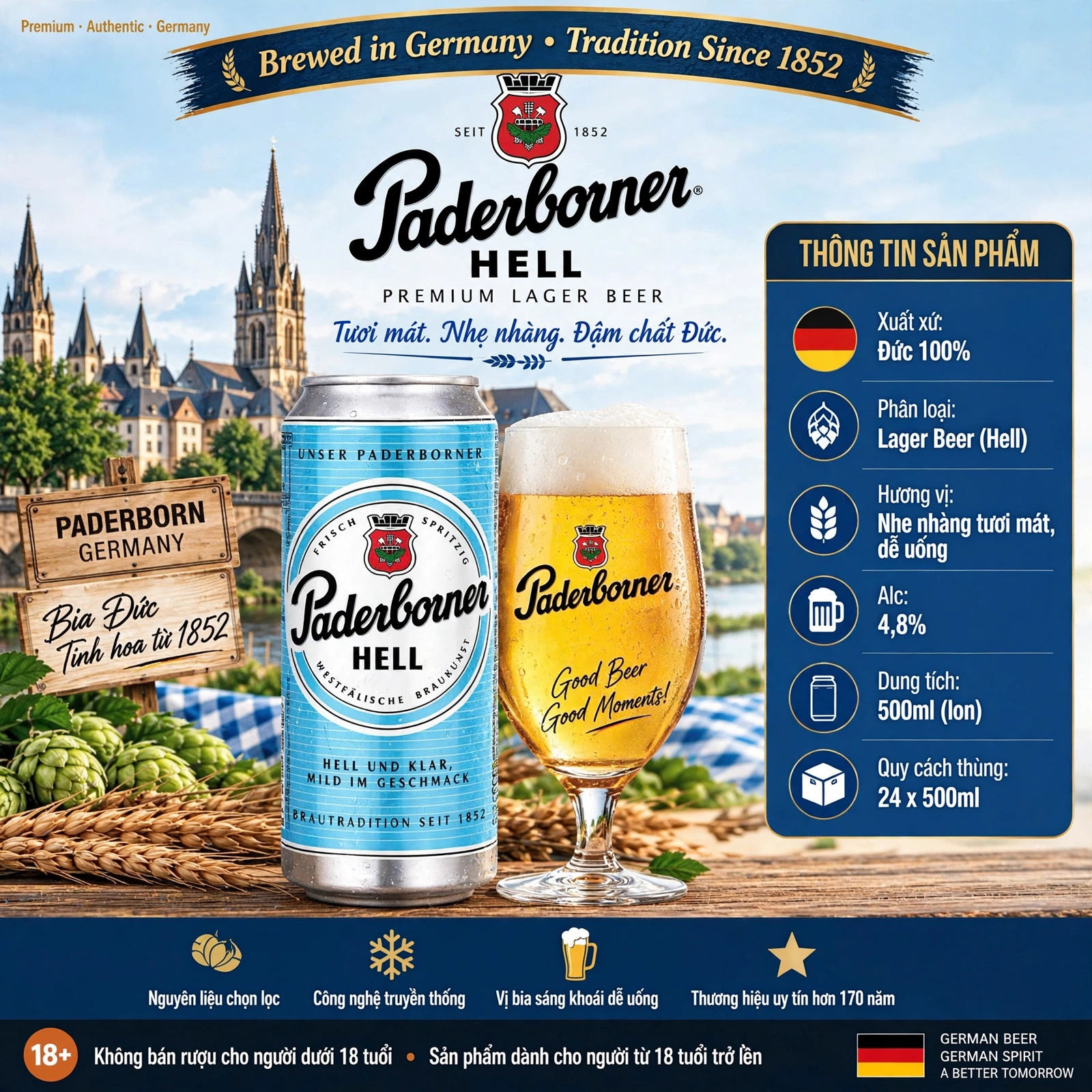 Bia Đức Paderborner HELL 500ml - Lager 4.8% | Thùng 24 Lon Chính Hãng