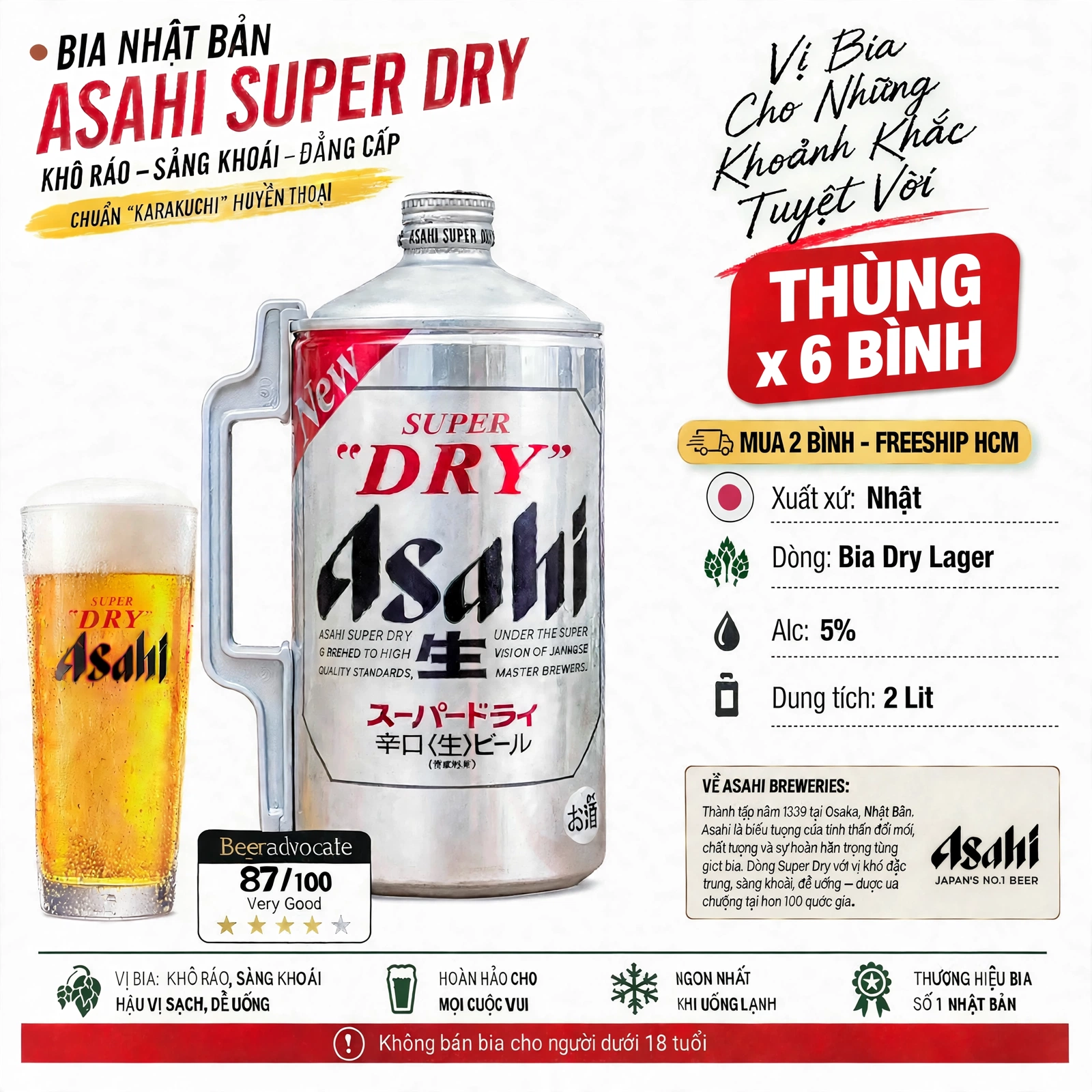 [Thùng x 6 Bình] Bia Asahi Super Dry 2L Nhật Bản - Bia Bom 2 Lít Alc 5% - Chuẩn Karakuchi