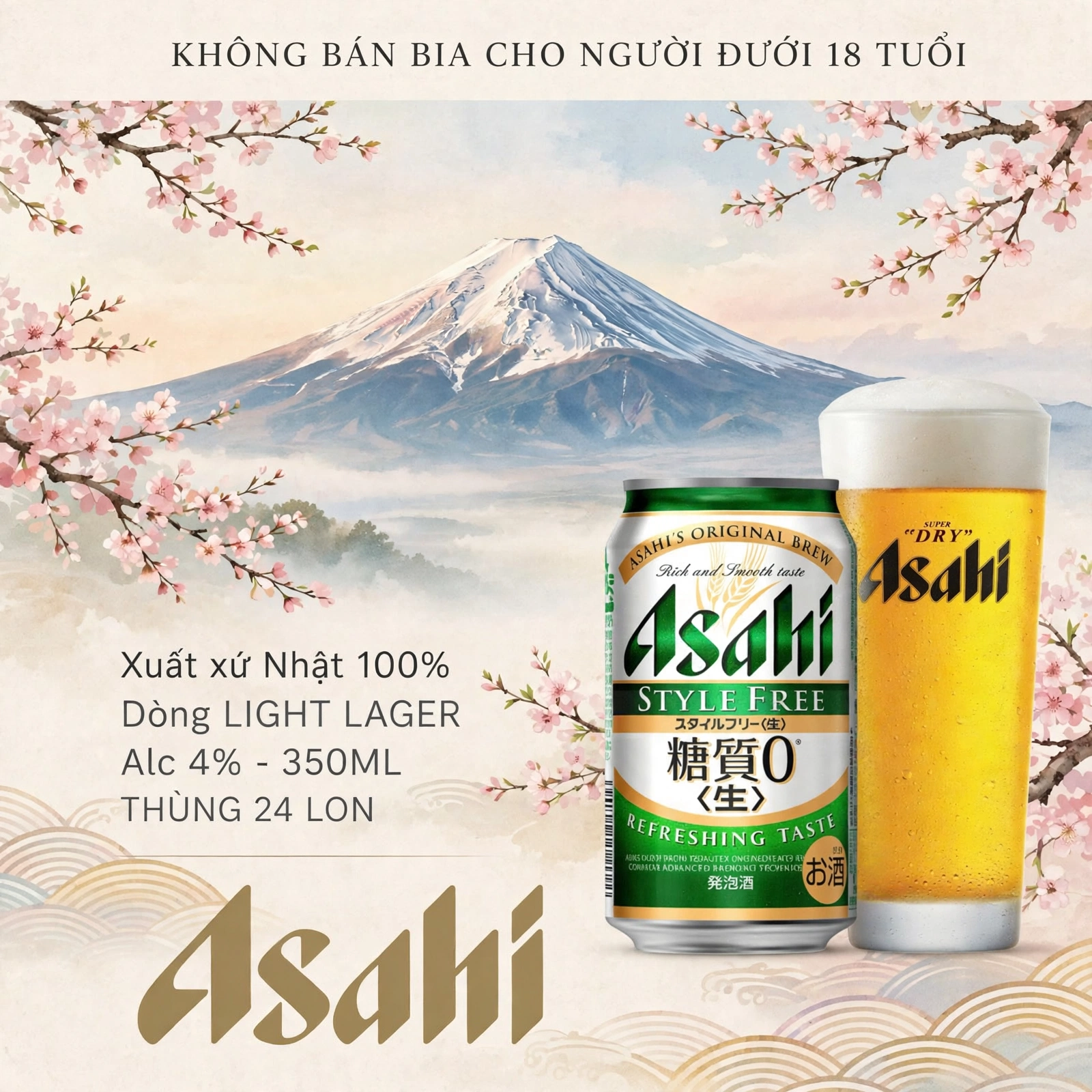 Bia Asahi Style Free 350ml Nhật Bản - Light Lager 4% Thùng 24 Lon