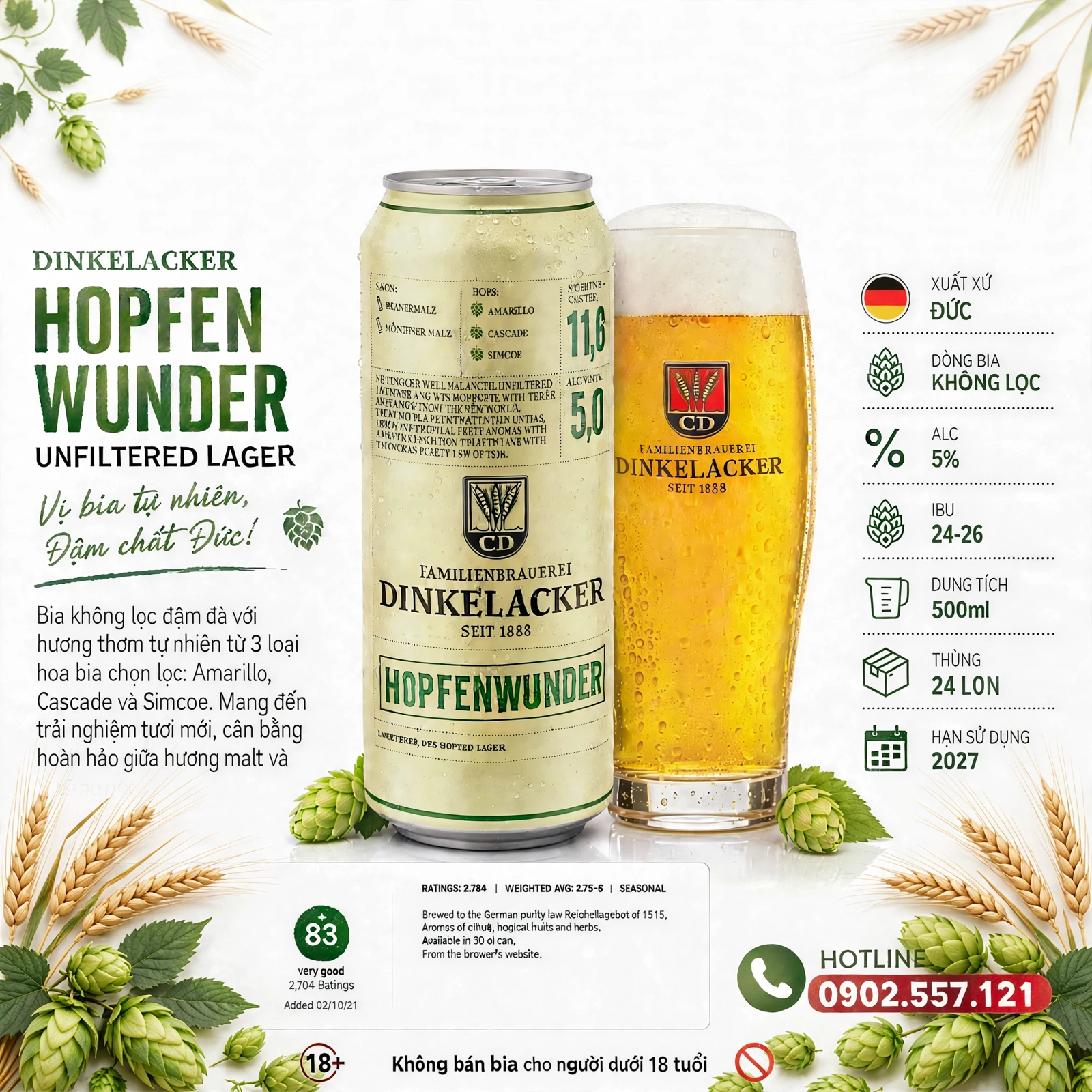 Thùng x 24 lon  Bia Đức Dinkelacker Hopfen Wunder 500ml - Bia Không Lọc 5%