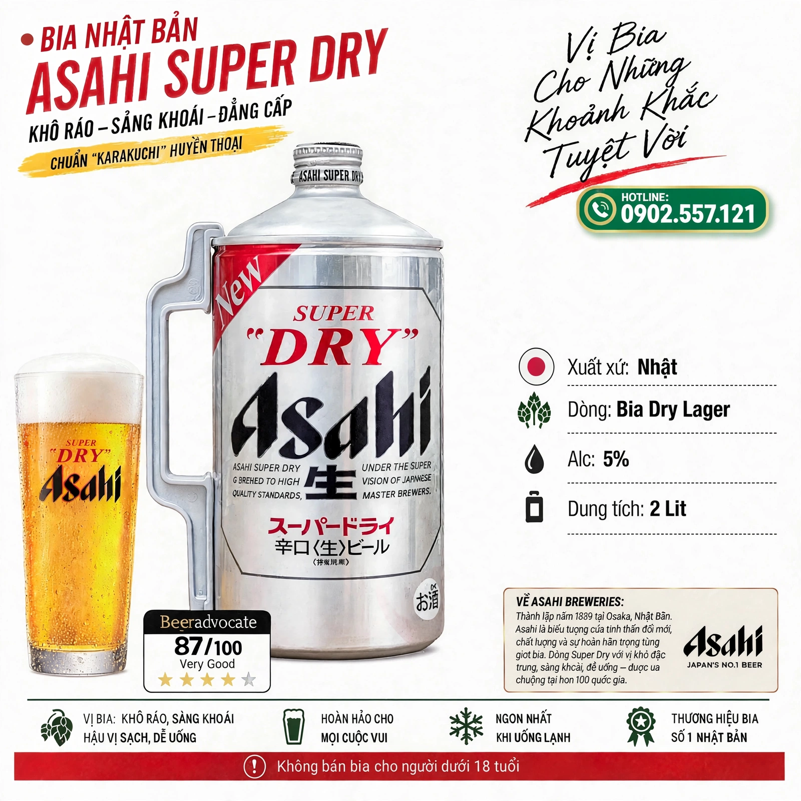 Bia Asahi Super Dry 2L Nhật Bản | Bom Bia Mini Keg Chính Hãng