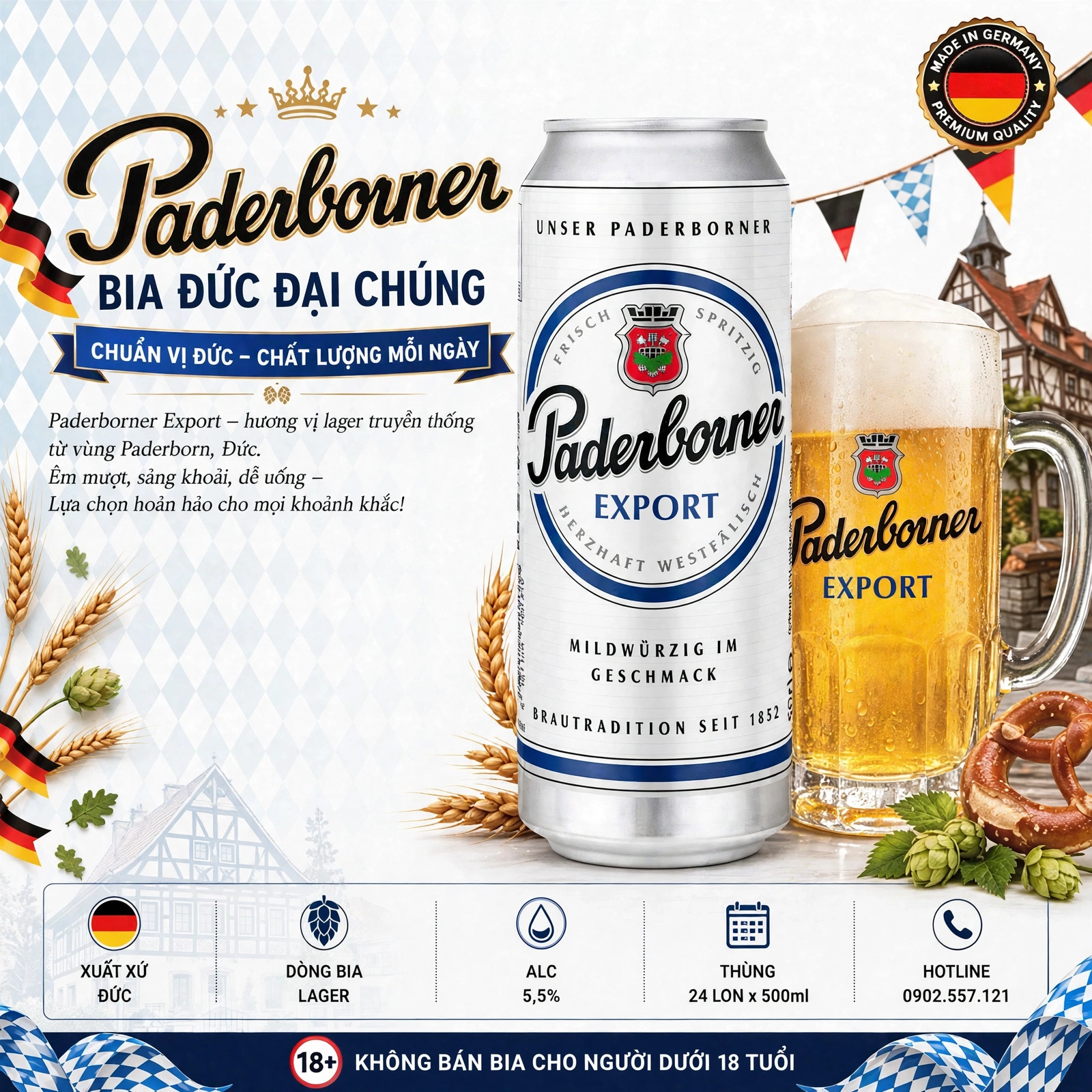 Bia Đức Paderborner Export 5.5% 500ml - Thùng 24 Lon | Chính Hãng Đức