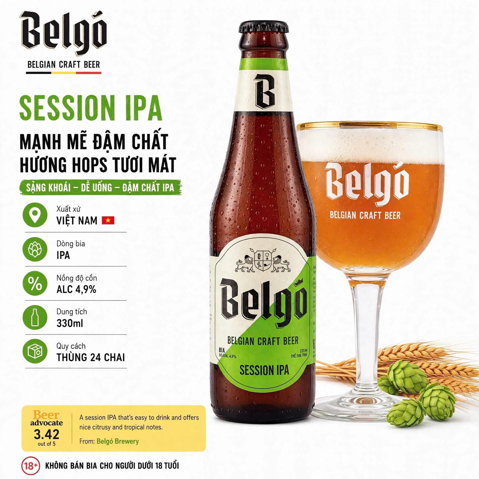 Bia Thủ Công Belgo Session IPA 330ml - Thương Hiệu Bỉ, Sản Xuất Tại Việt Nam