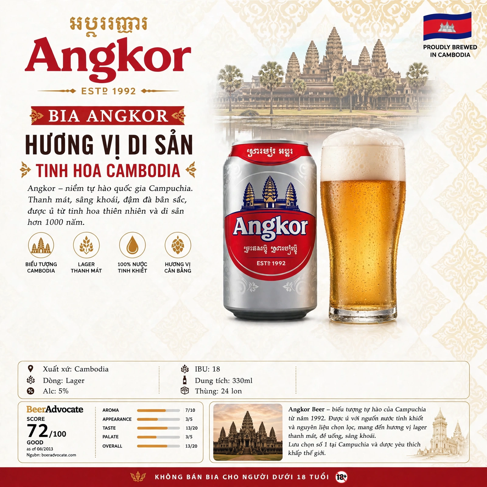 Bia Angkor 330ml - Thùng 24 Lon - Bia Lager Quốc Dân Campuchia Nhập Khẩu Chính Hãng